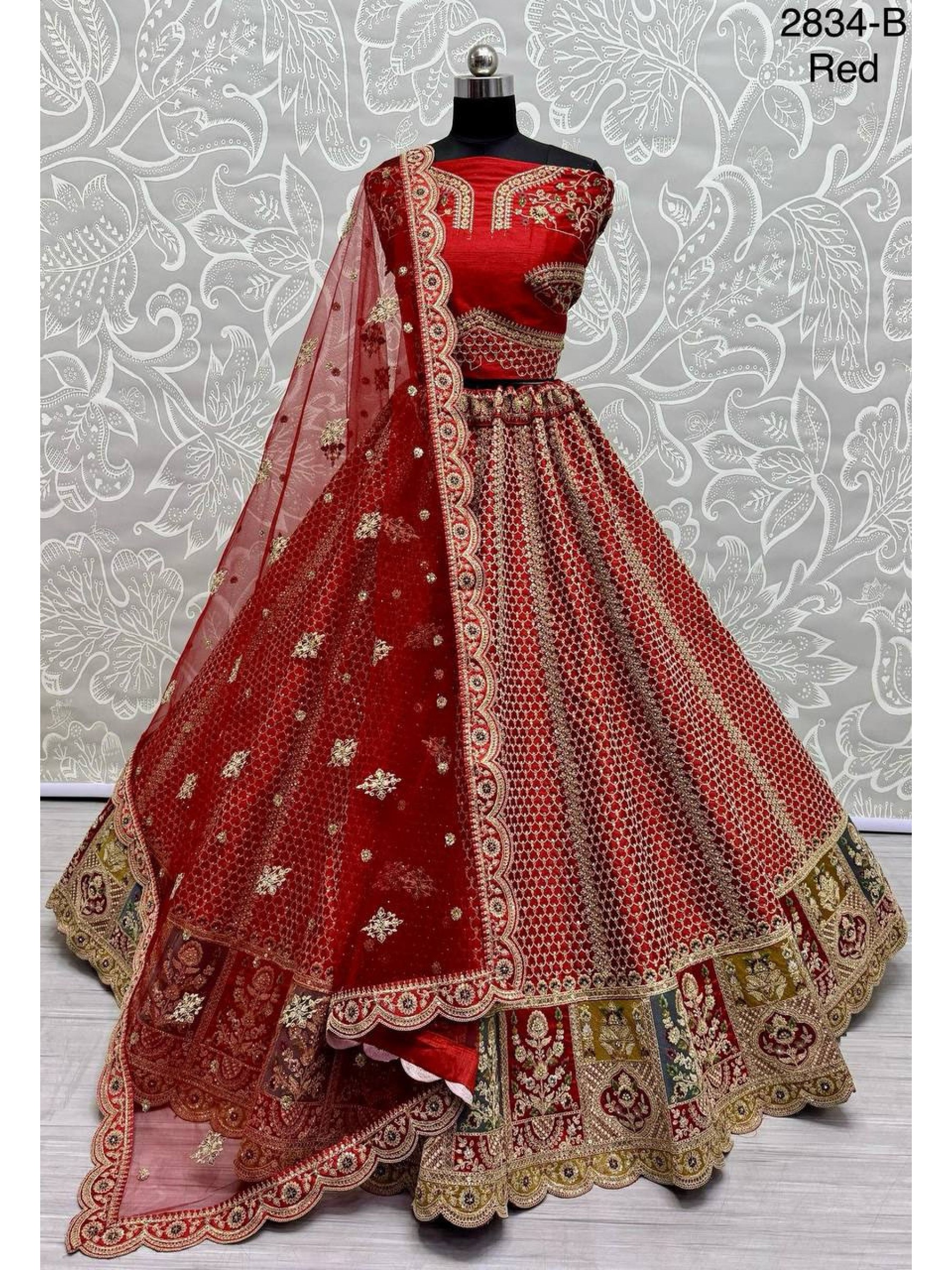 Pure Micro Velvet Wedding Wear Lehenga In Red Color With Embroidery Work