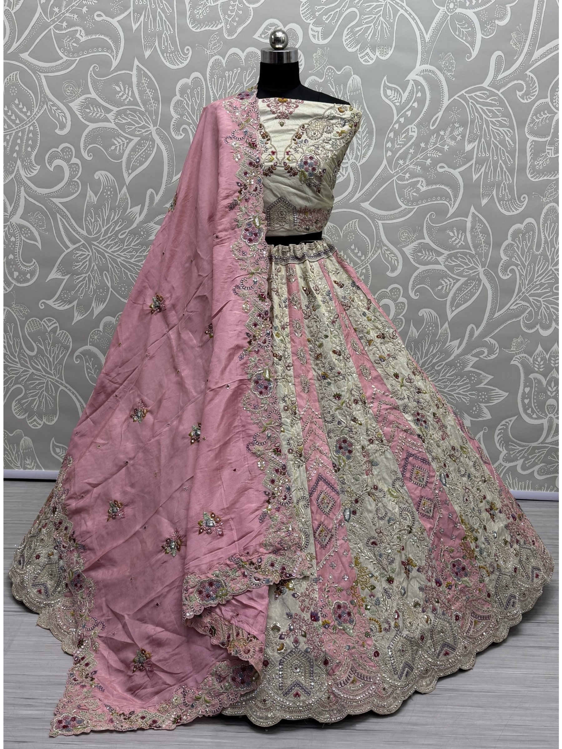 Pure Silk Fabric Wedding Wear Lehenga In Off White & Pink Color With Embroidery Work