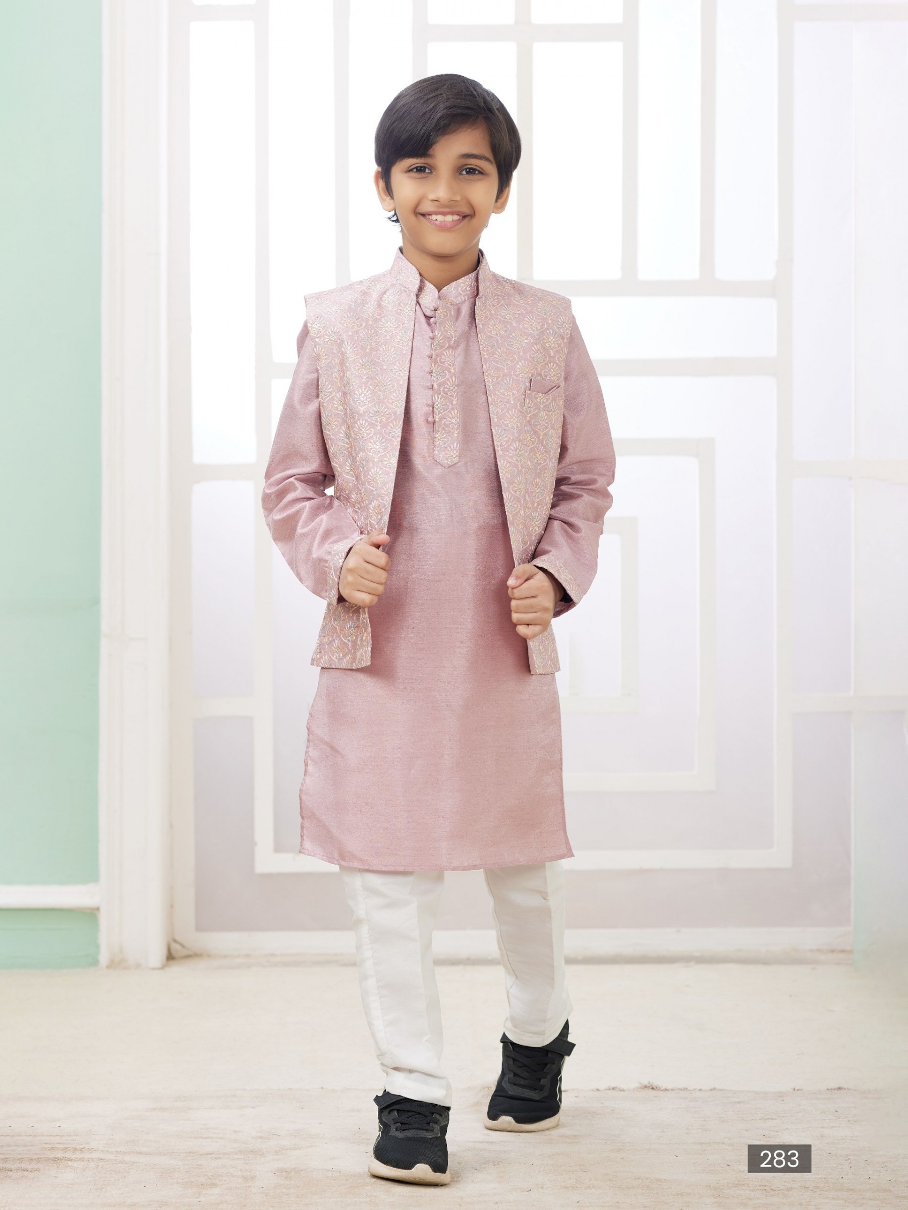Art Silk Readymade Kids Indowestern in Onion Color Embroidery work 