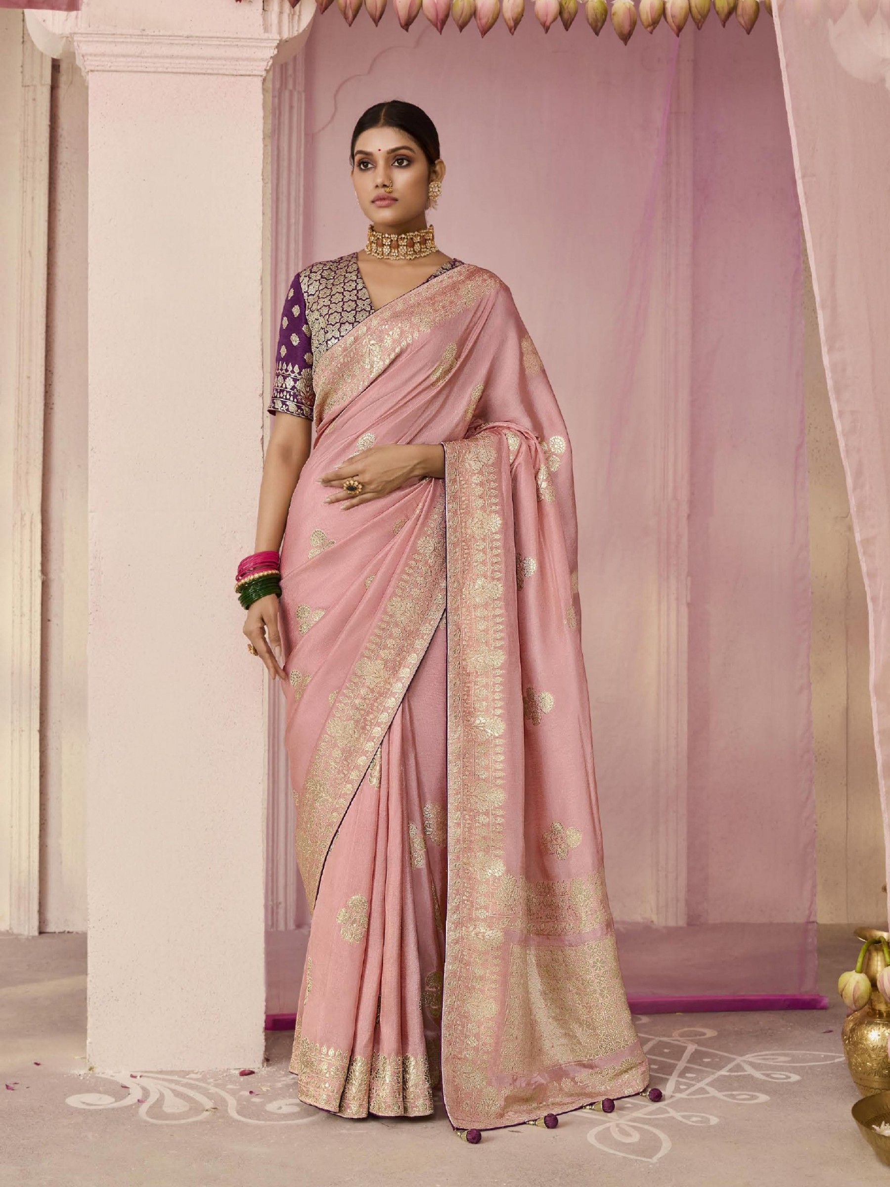Pure Dola Silk Party wear Saree In Peach Color 