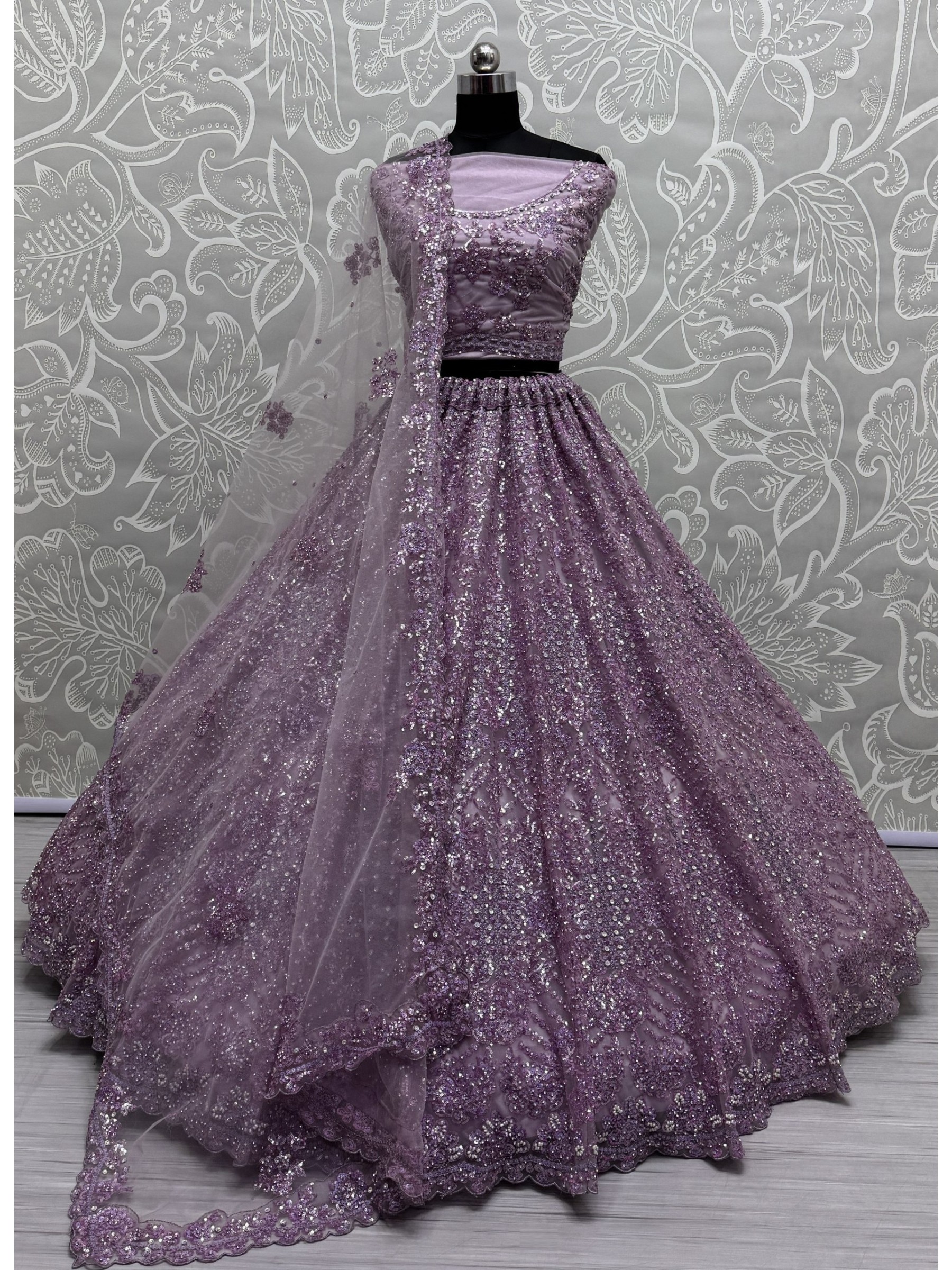 Soft Premium Net Fabric Wedding Wear Lehenga In Lavender Color With Embroidery Work