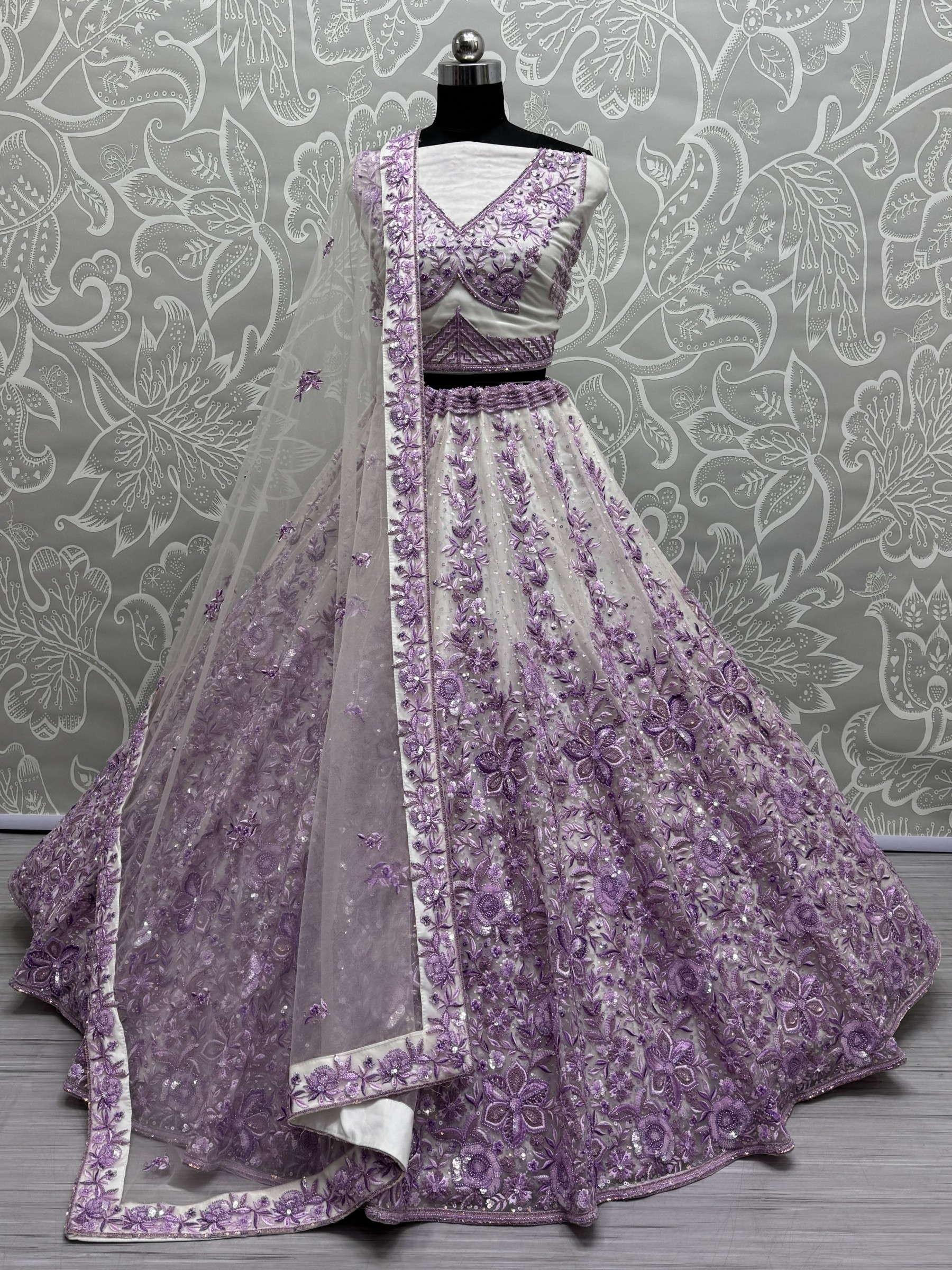 Soft Premium Net Fabric Wedding Wear Lehenga In Lavender Color With Embroidery Work