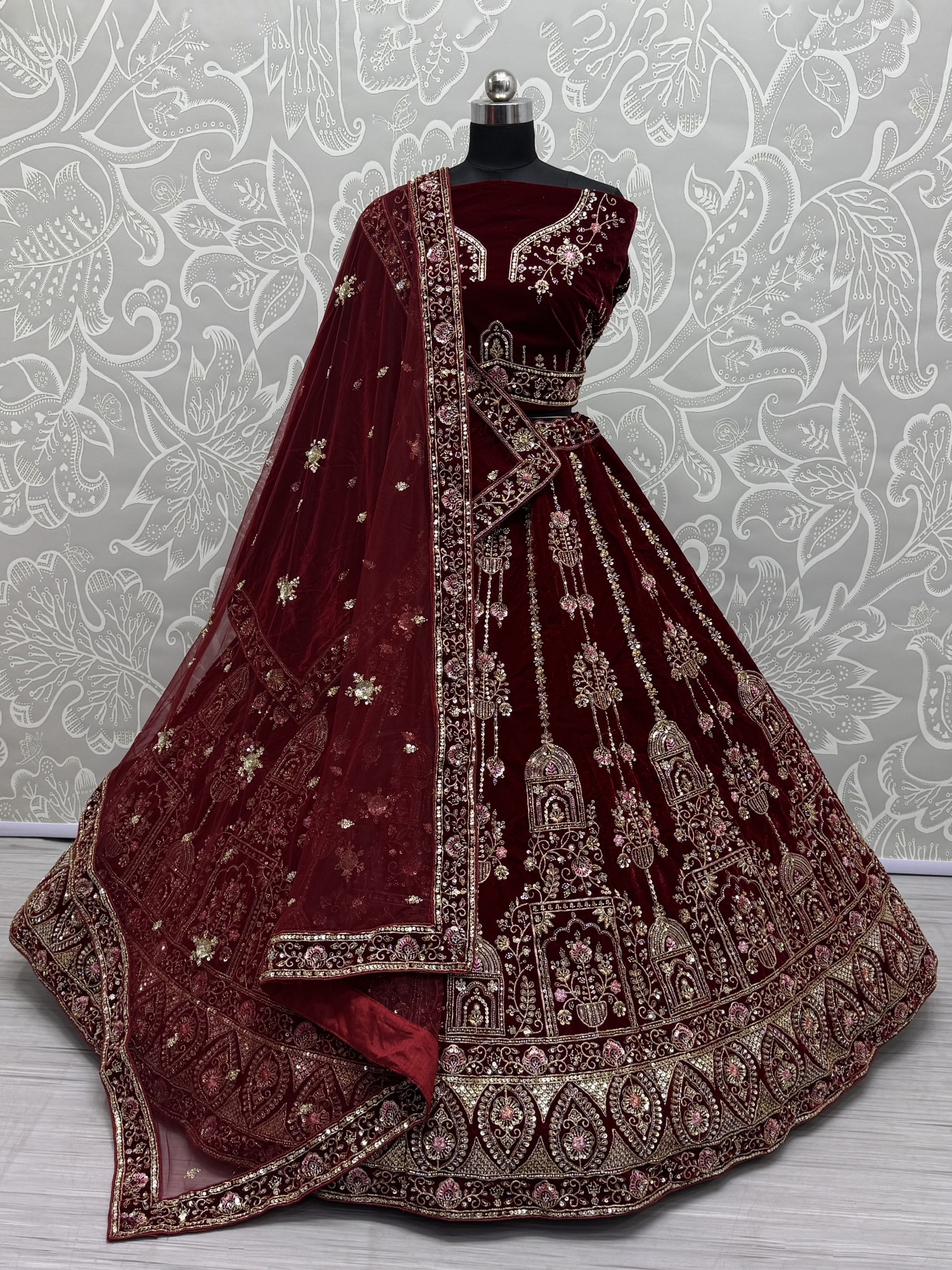 Pure Micro Velvet Wedding Wear Lehenga In Maroon Color With Embroidery Work