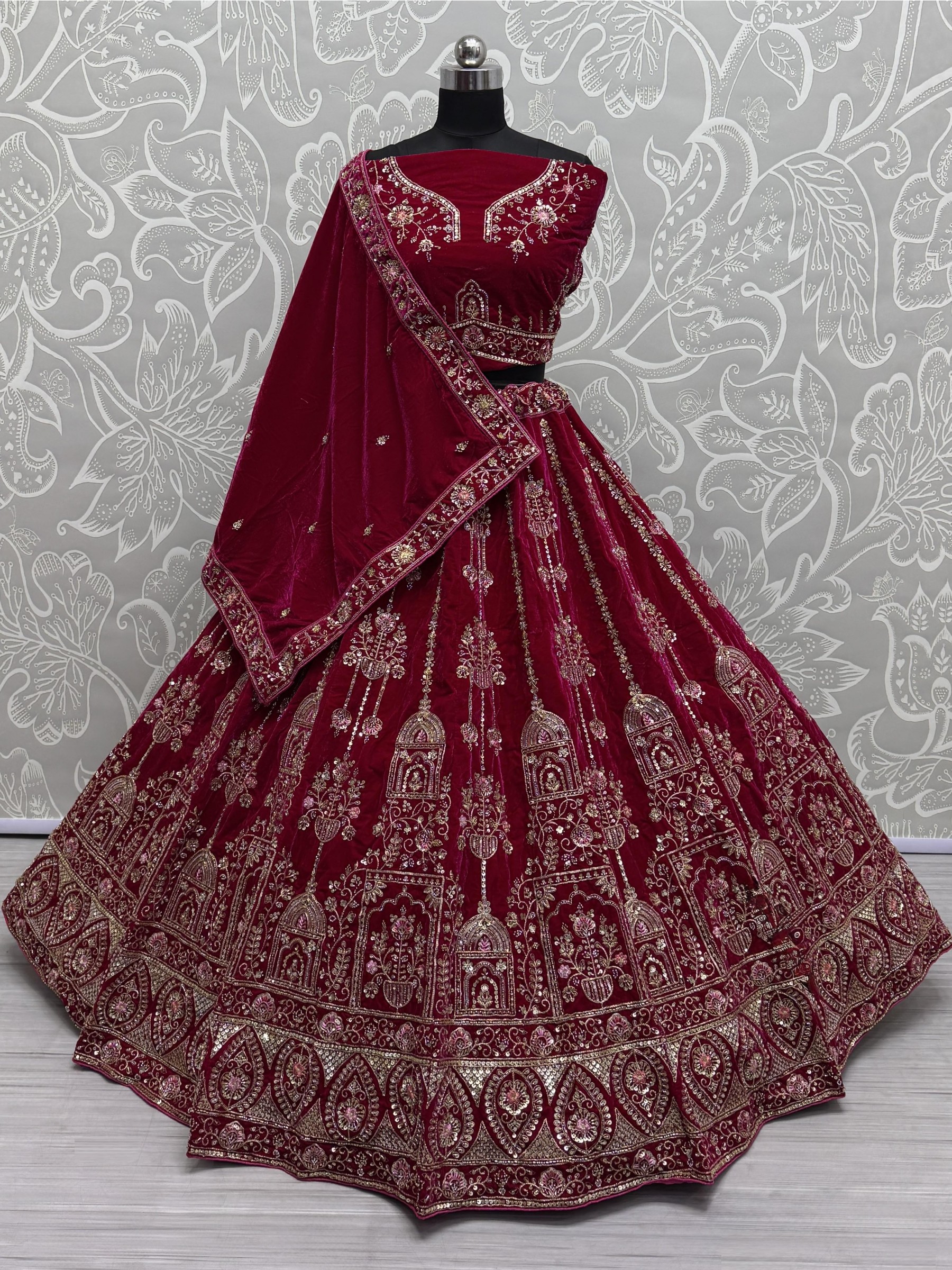 Pure Micro Velvet Wedding Wear Lehenga In Rani Pink Color With Embroidery Work