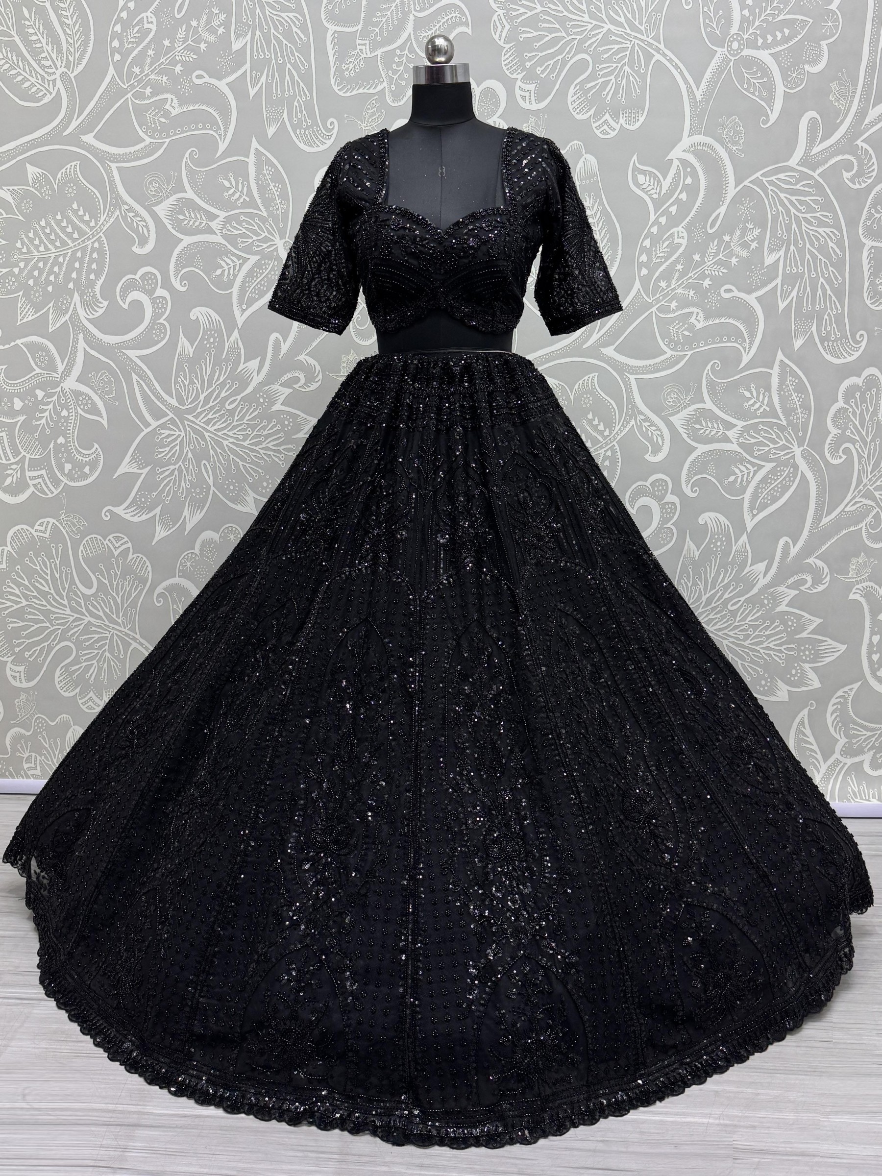 Soft Premium Net Fabric Wedding Wear Lehenga In Black Color With Embroidery Work