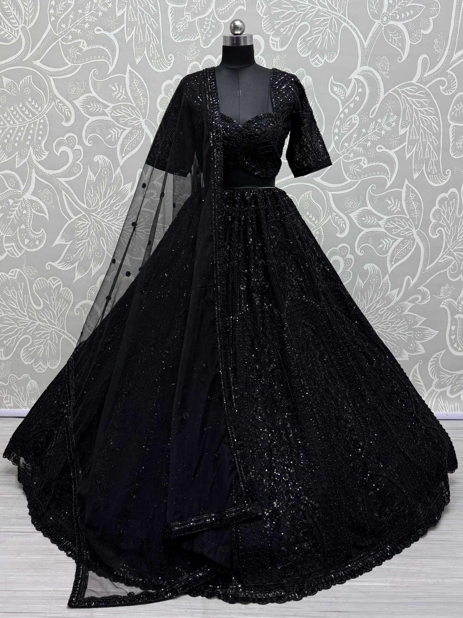 Soft Premium Net Fabric Wedding Wear Lehenga In Black Color With Embroidery Work