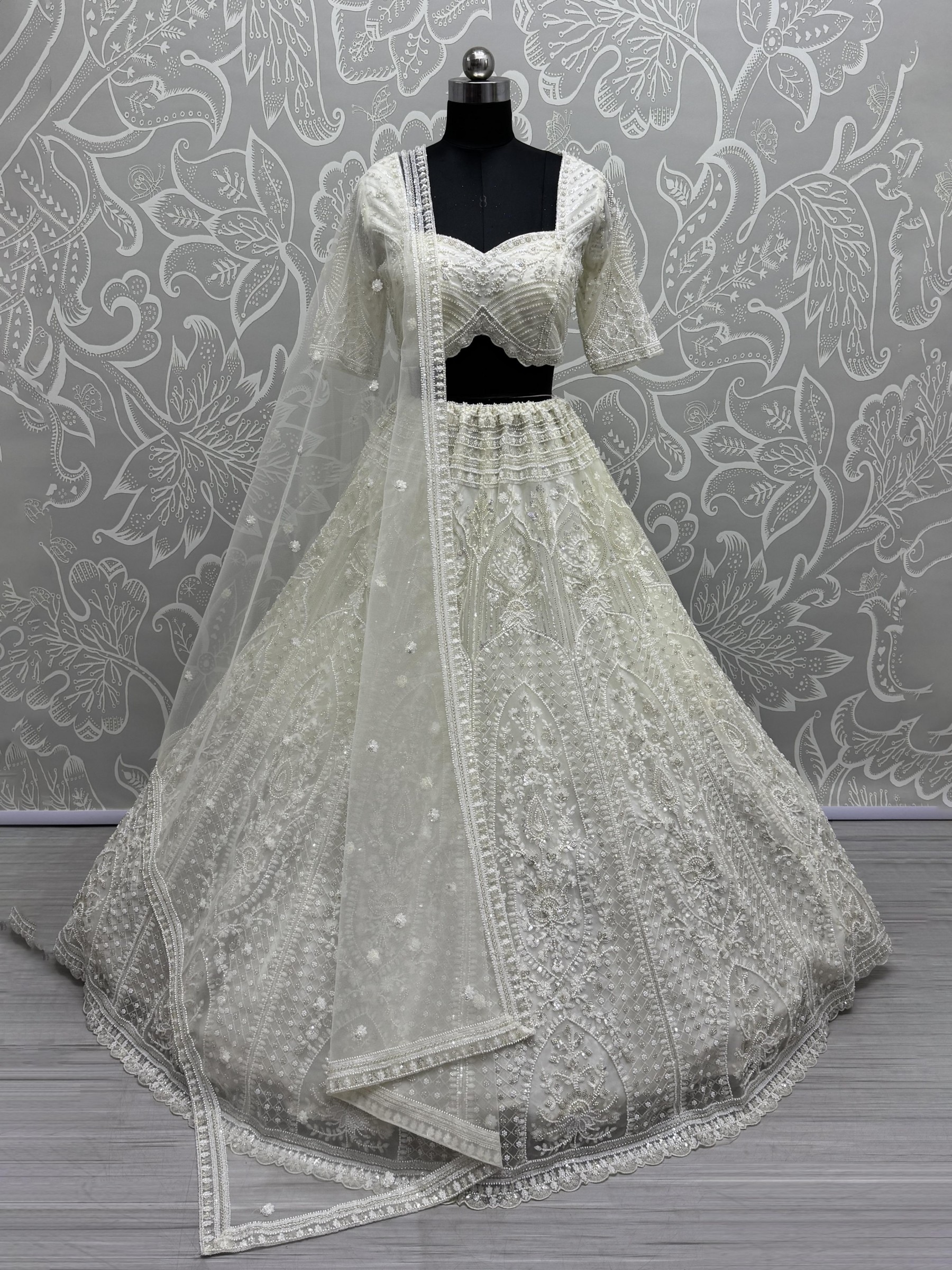 Soft Premium Net Fabric Wedding Wear Lehenga In White Color With Embroidery Work