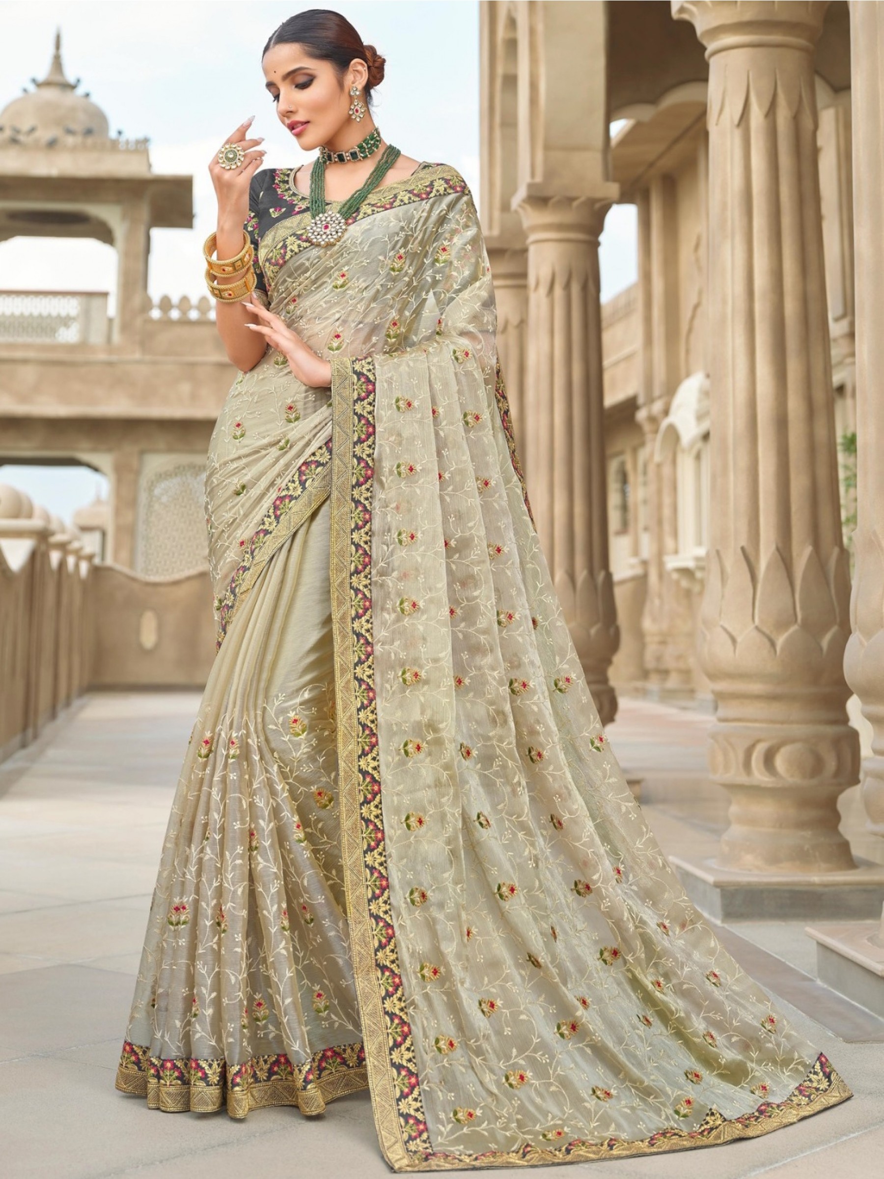 Organza silk  Saree Beige Color With Embroidery Work