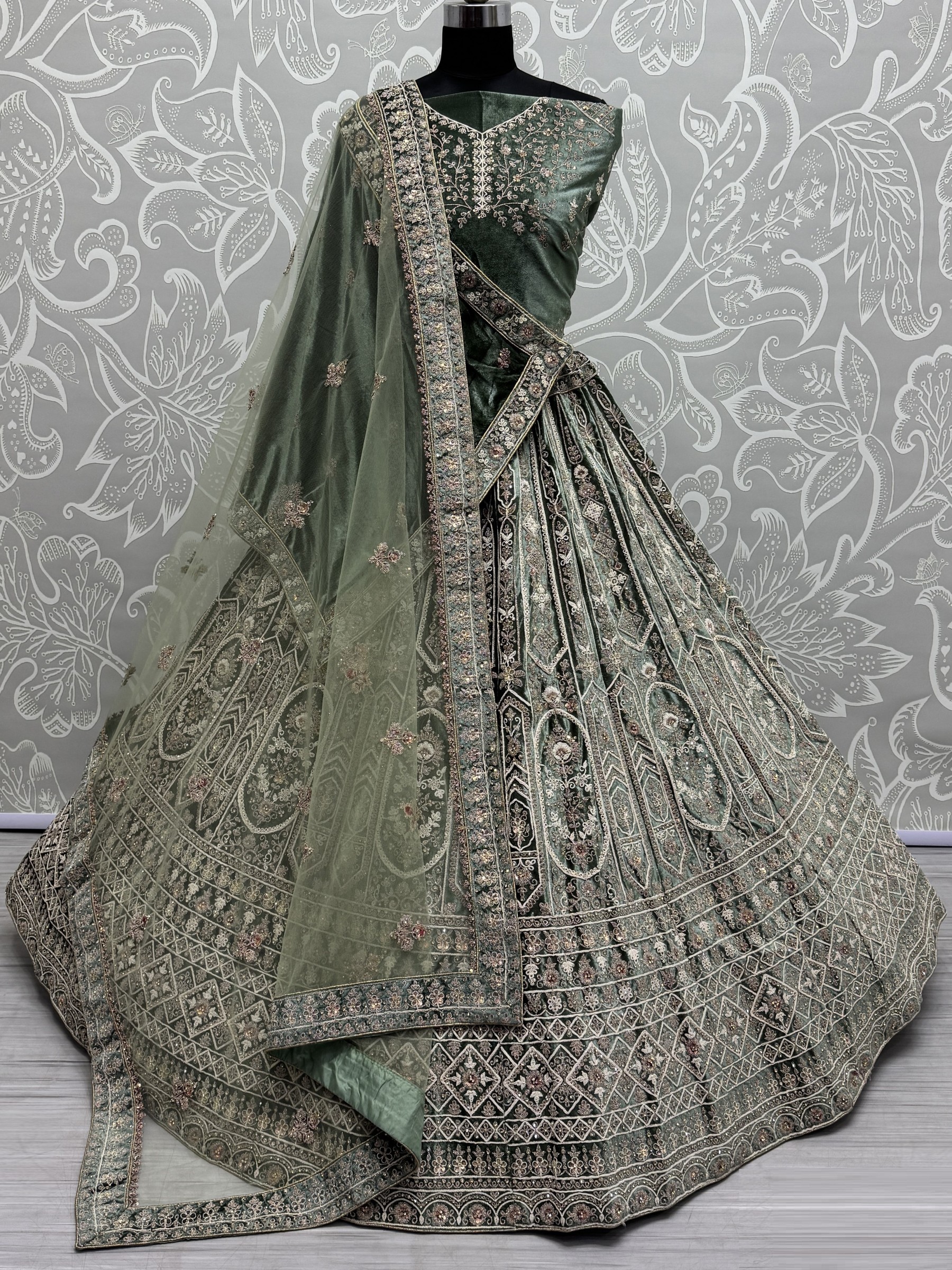 Pure Micro Velvet Wedding Wear Lehenga In Pista Color With Embroidery Work