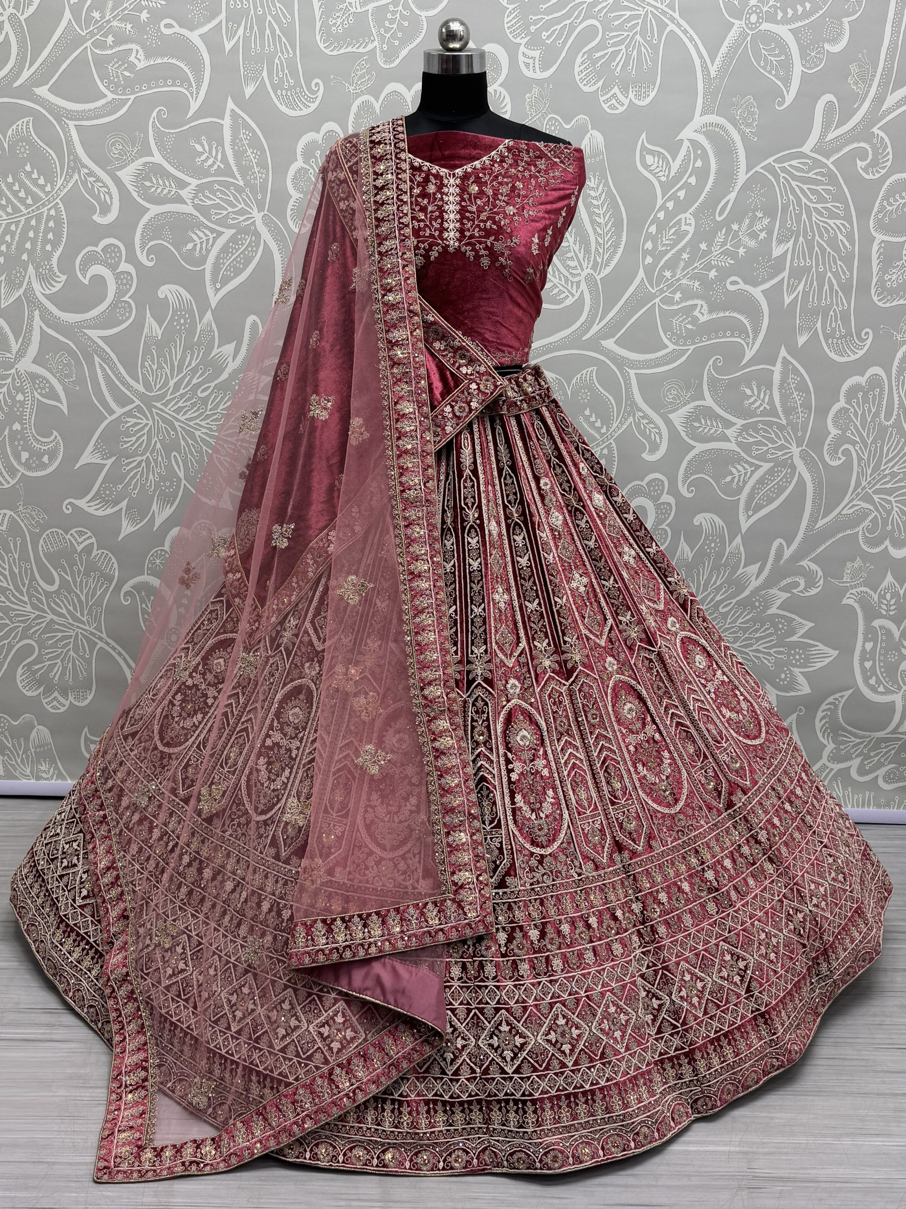 Pure Micro Velvet Wedding Wear Lehenga In Pink Color With Embroidery Work