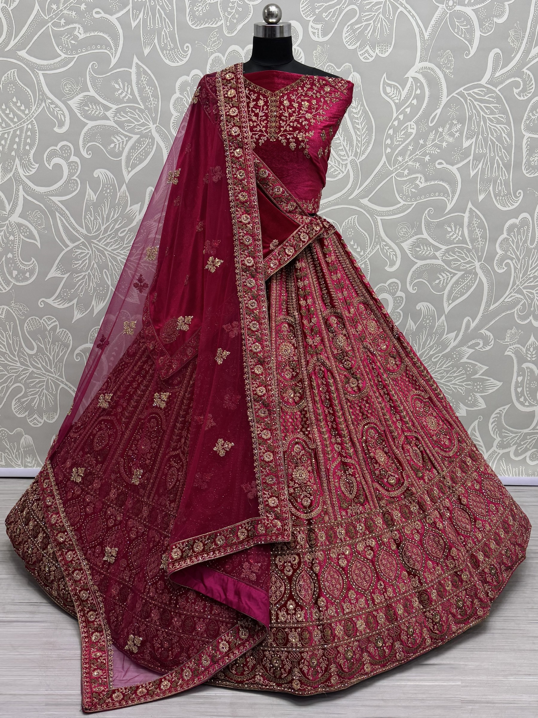 Pure Micro Velvet Wedding Wear Lehenga In Raspberry Color With Embroidery Work