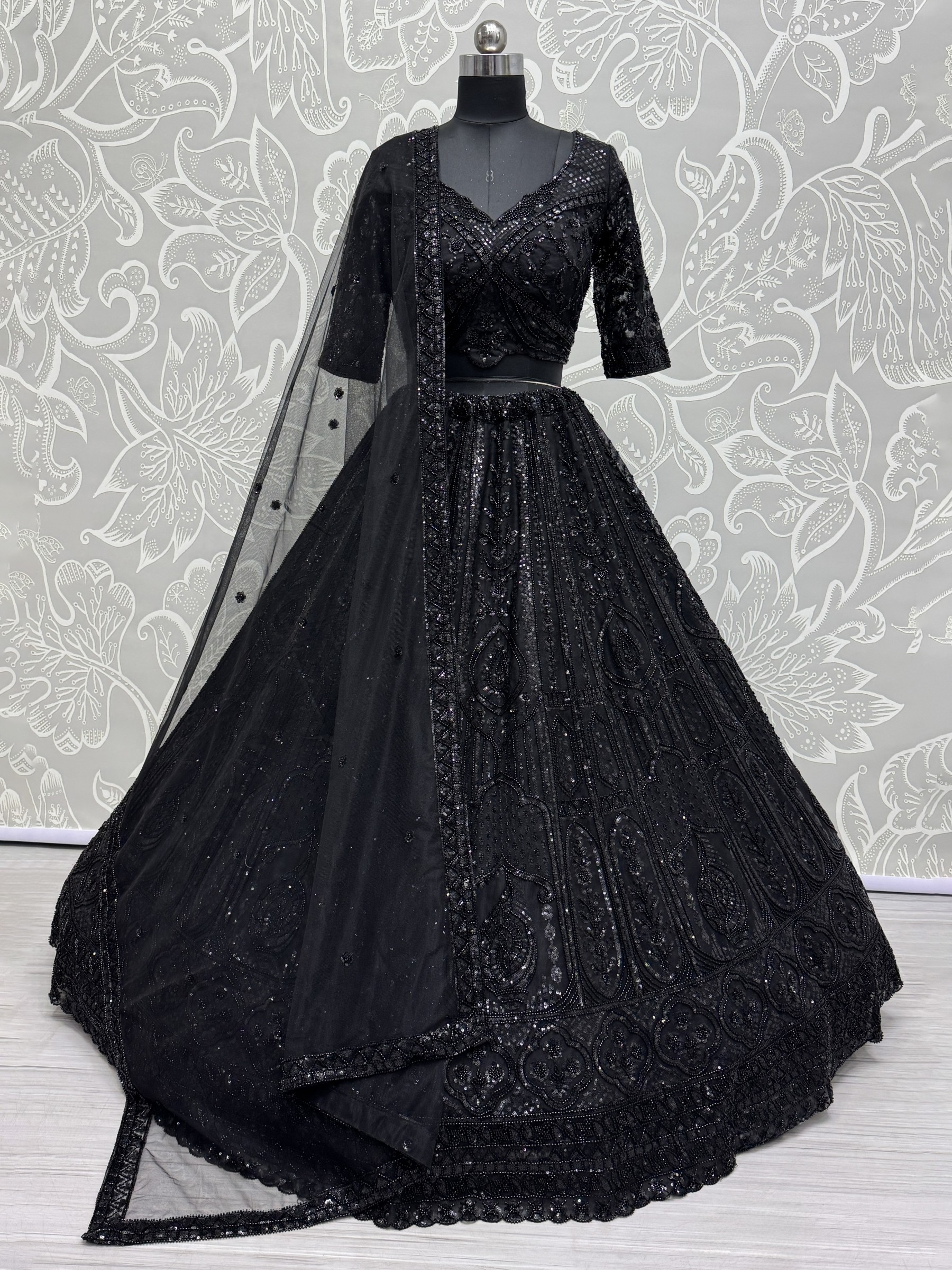 Soft Premium Net Fabric Wedding Wear Lehenga In Black Color With Embroidery Work