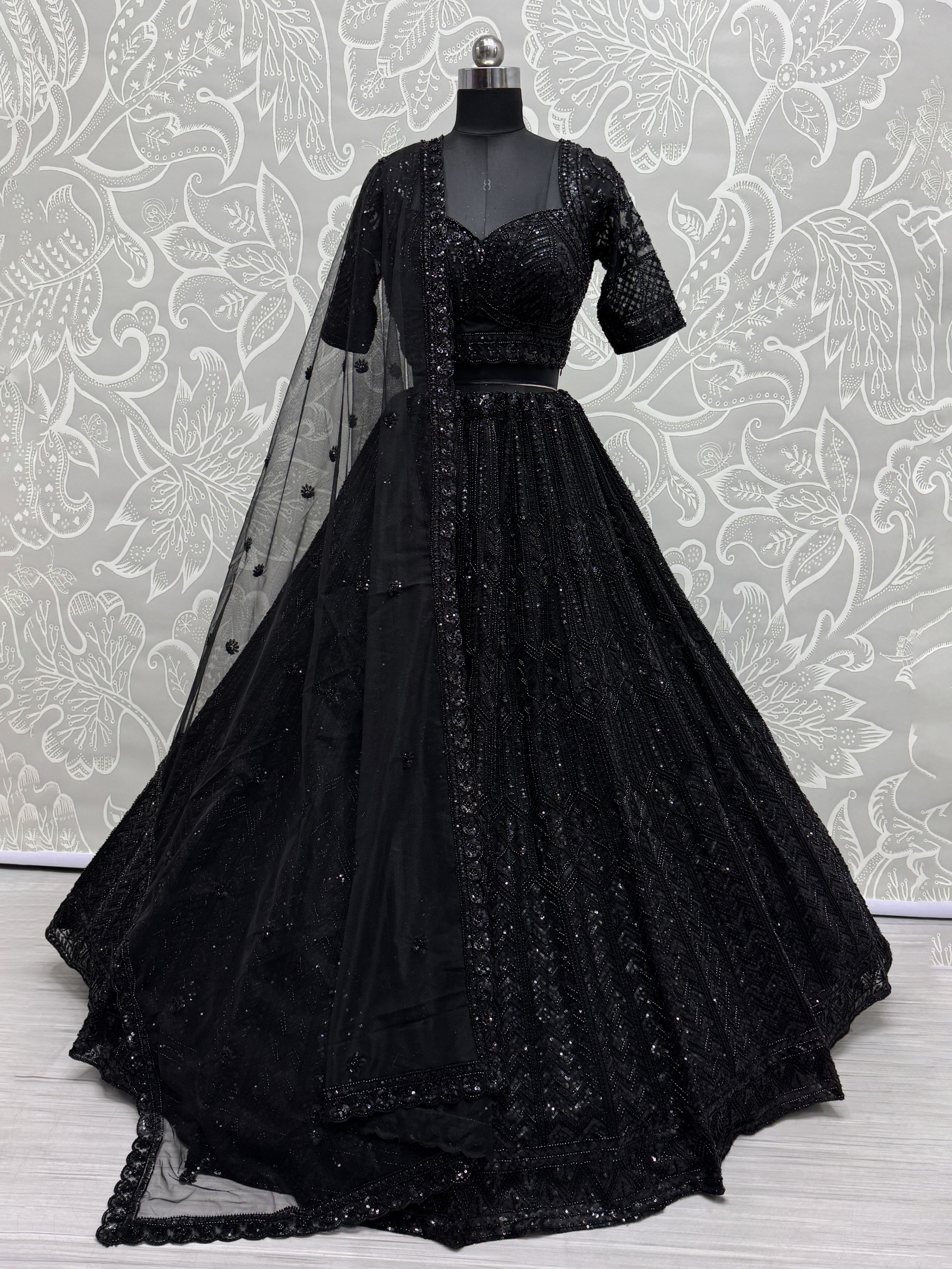 Soft Premium Net Fabric Wedding Wear Lehenga In Black Color With Embroidery Work