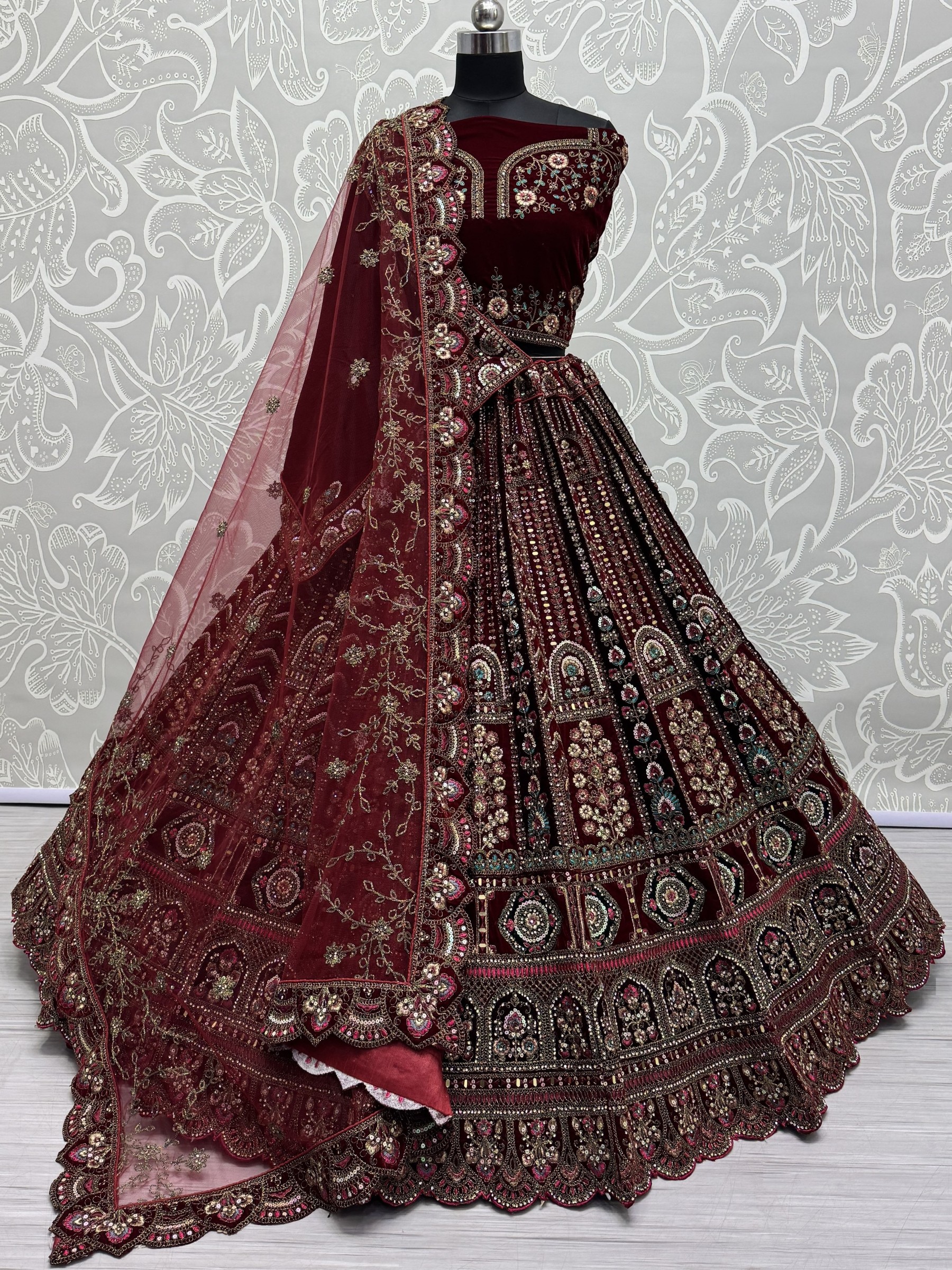Pure Micro Velvet Wedding Wear Lehenga In Maroon Color With Embroidery Work