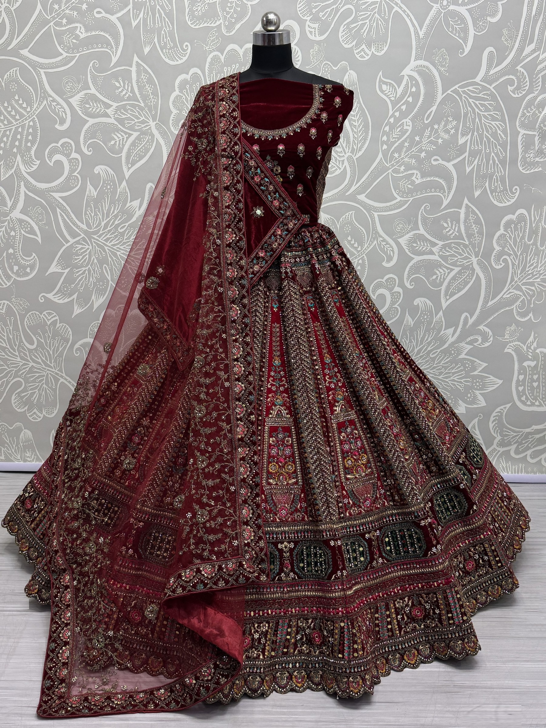 Pure Micro Velvet Party Wear Lehenga In Maroon Color With Embroidery Work