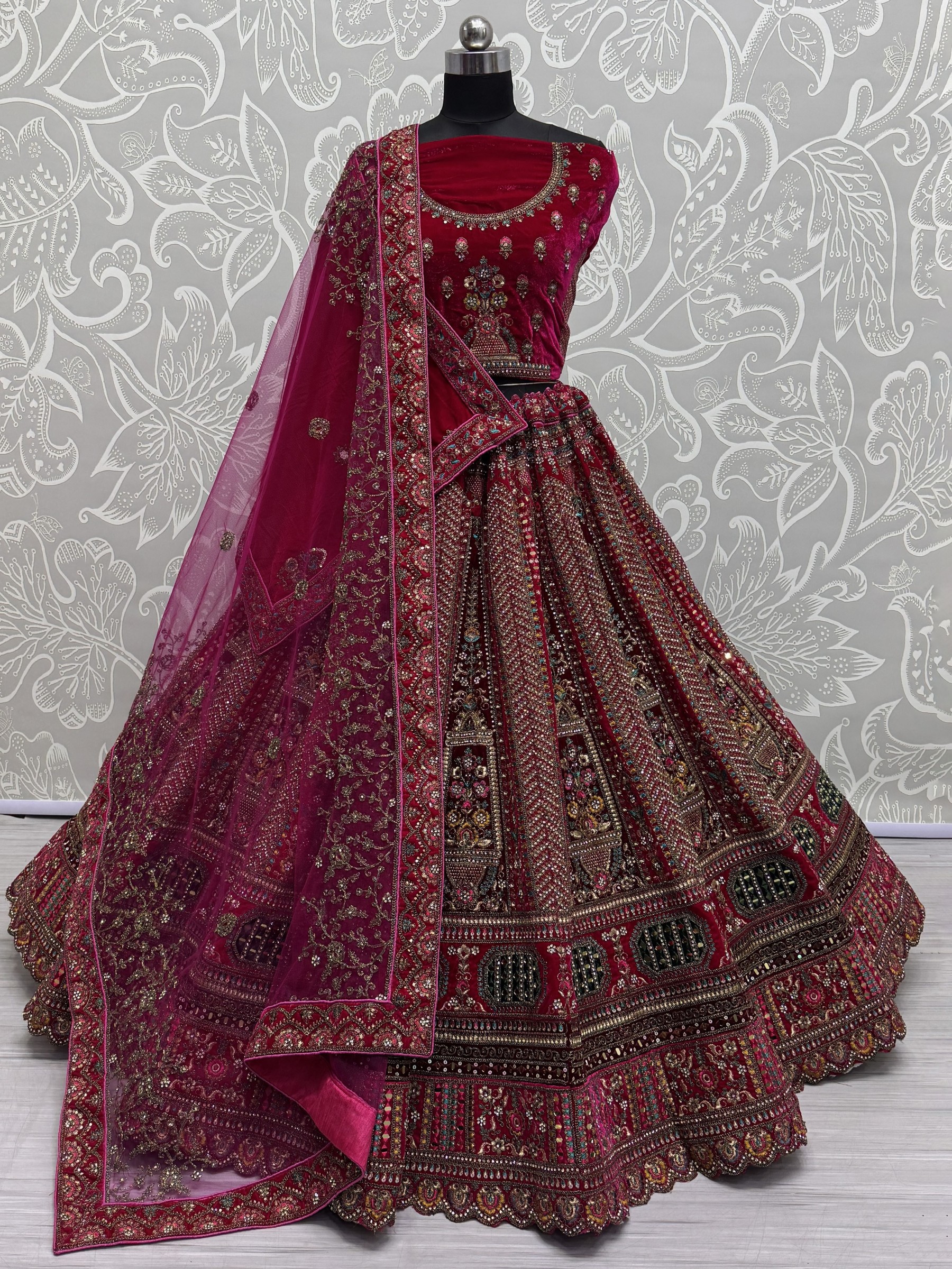Pure Micro Velvet Party Wear Lehenga In Rani Pink Color With Embroidery Work