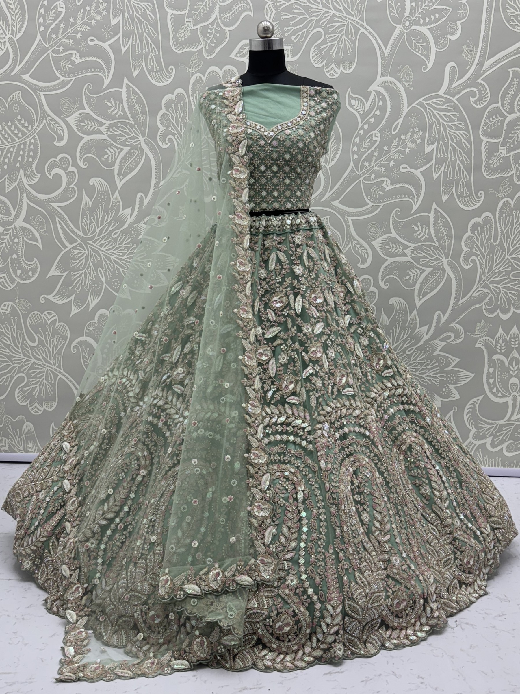 Soft Premium Net Wedding Wear Lehenga In Lime Green Color With Embroidery Work