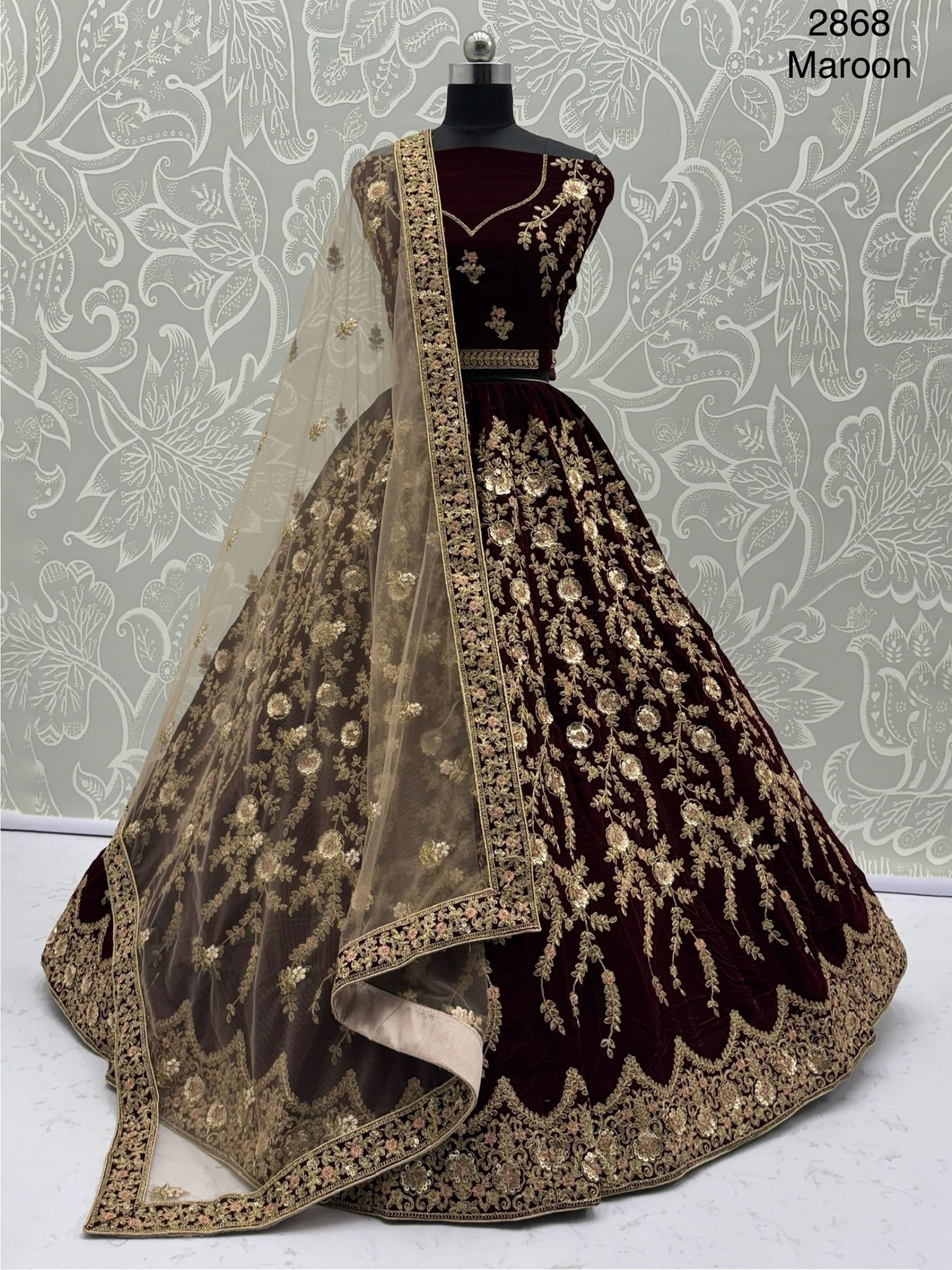 Pure Micro Velvet Party Wear Lehenga In Maroon Color With Embroidery Work