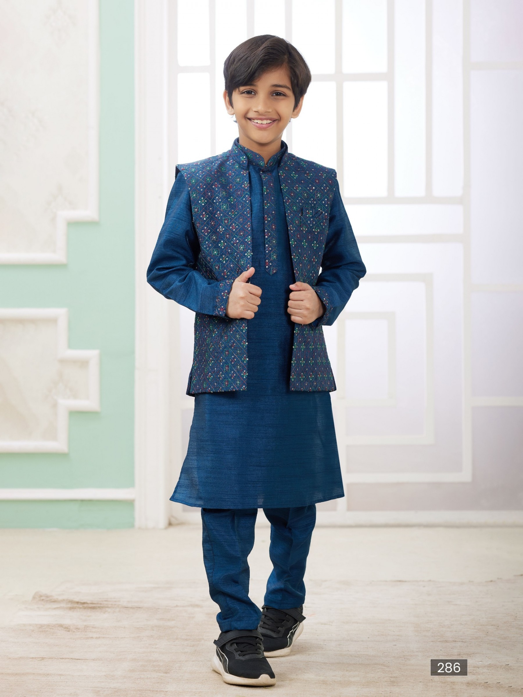Art Silk Readymade Kids Indowestern in Blue Color Embroidery work 
