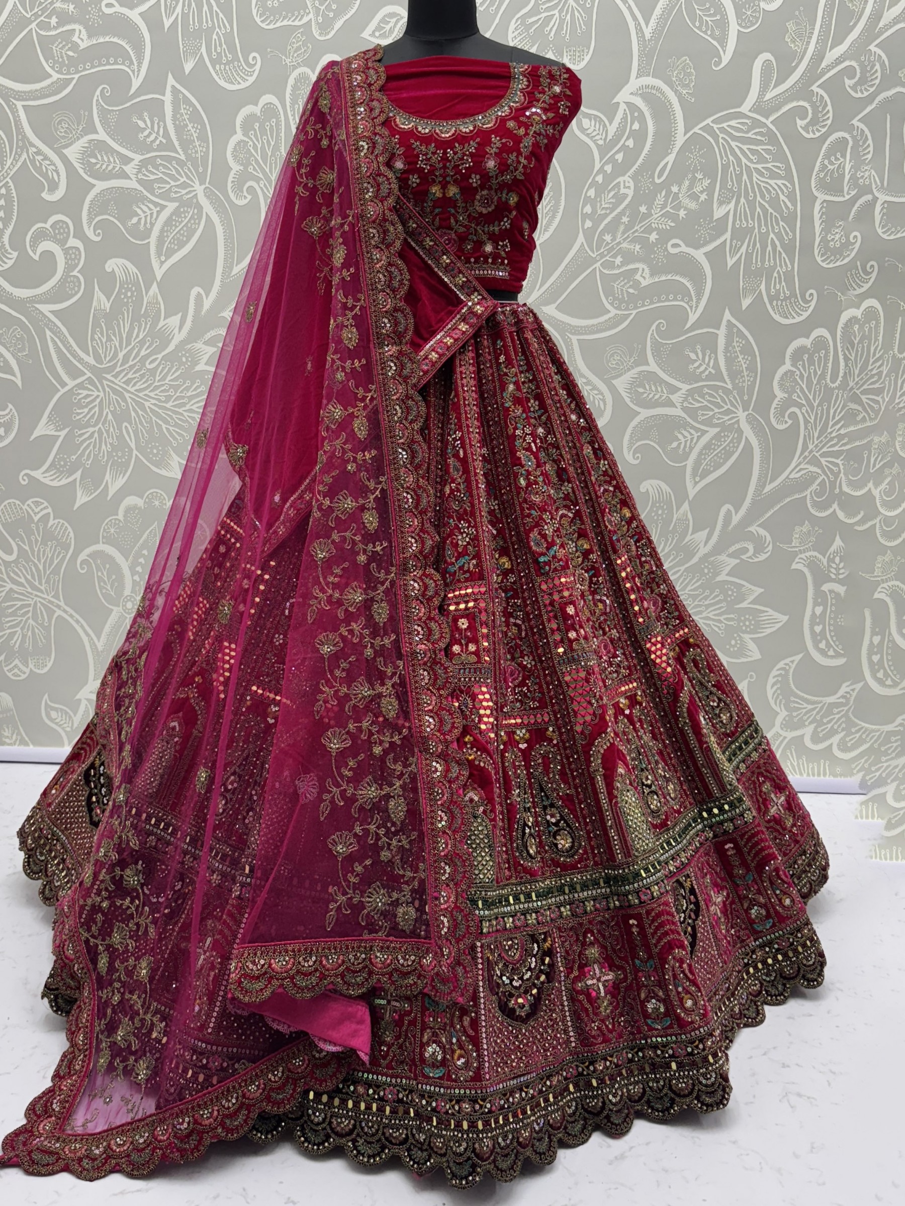 Pure Micro Velvet Wedding Wear Lehenga In Rani Pink Color With Embroidery Work