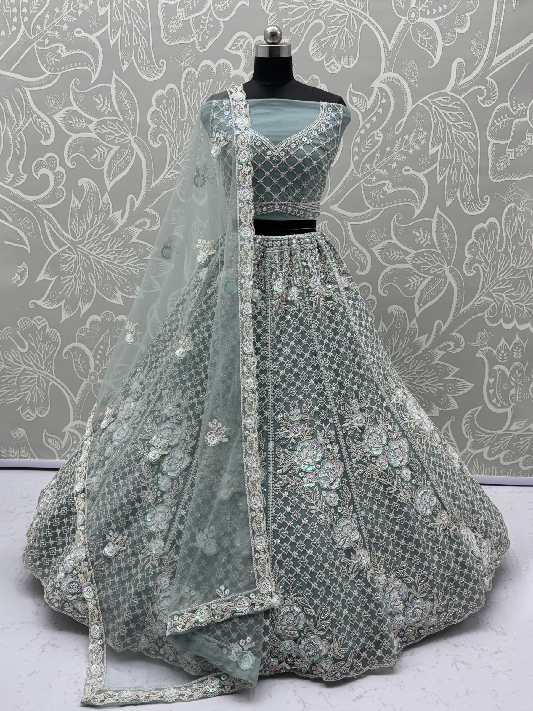 Soft Premium Net Wedding Wear Lehenga In Sea Green Color With Embroidery Work