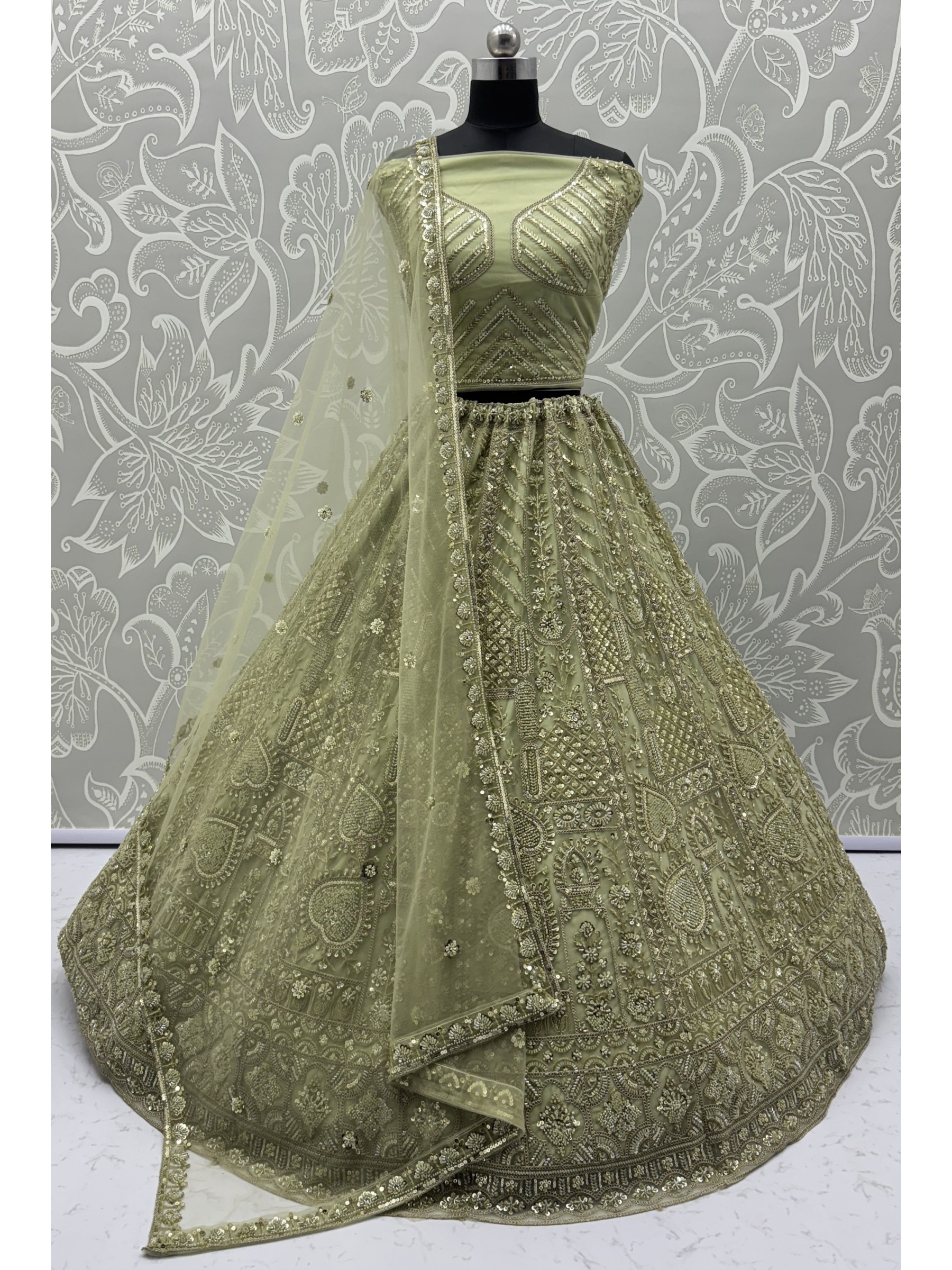 Soft Premium Net Wedding Wear Lehenga In Pista Color With Embroidery Work