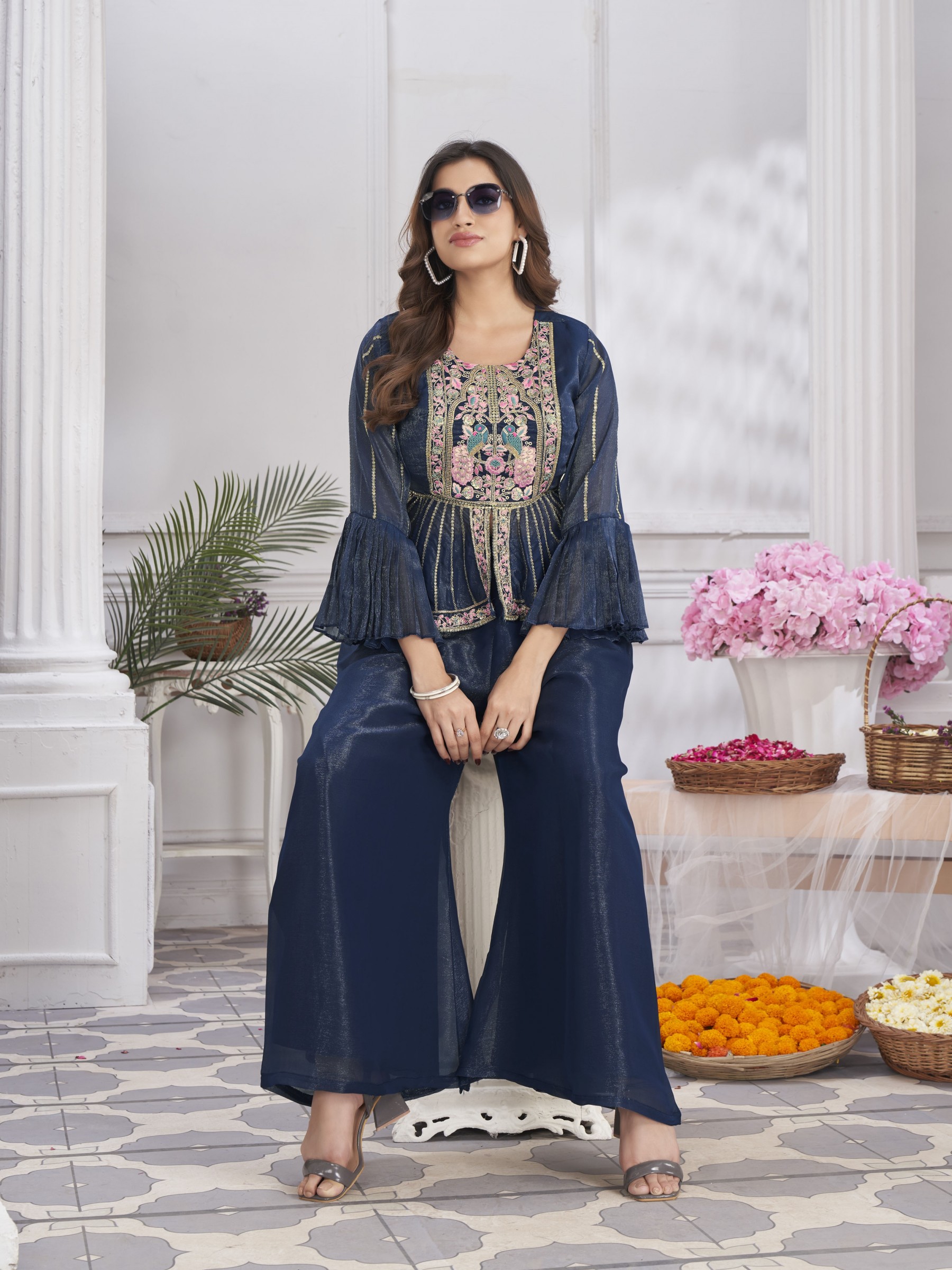 Shimmer Georgette Party Wear Sharara Blue Color with Embroidery Work