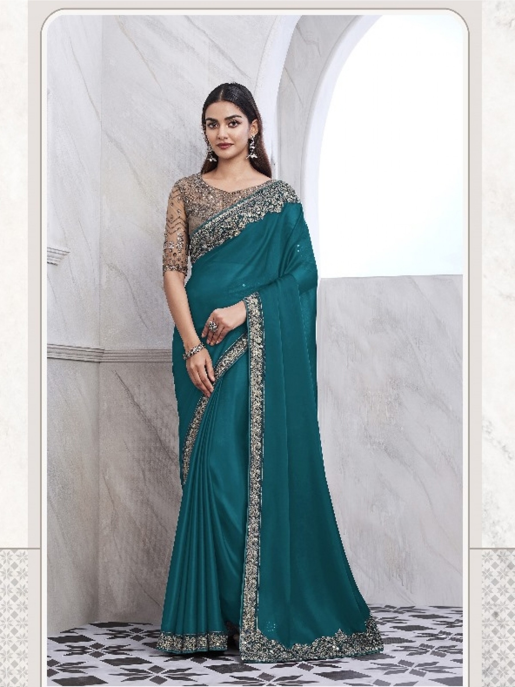 Chiffon  Party wear Saree Turquoise Color With Embroidery Work