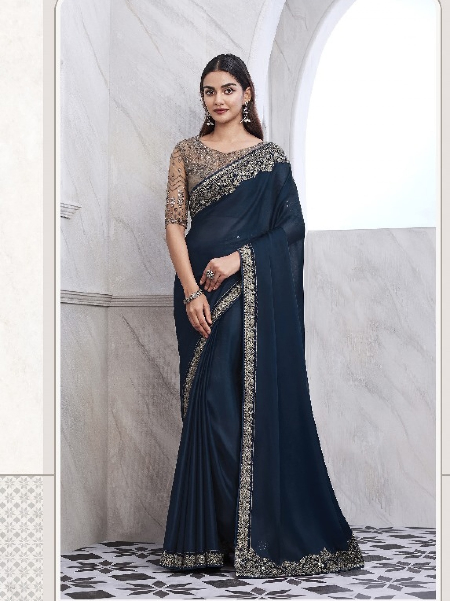 Chiffon  Party wear Saree Teal Blue Color With Embroidery Work