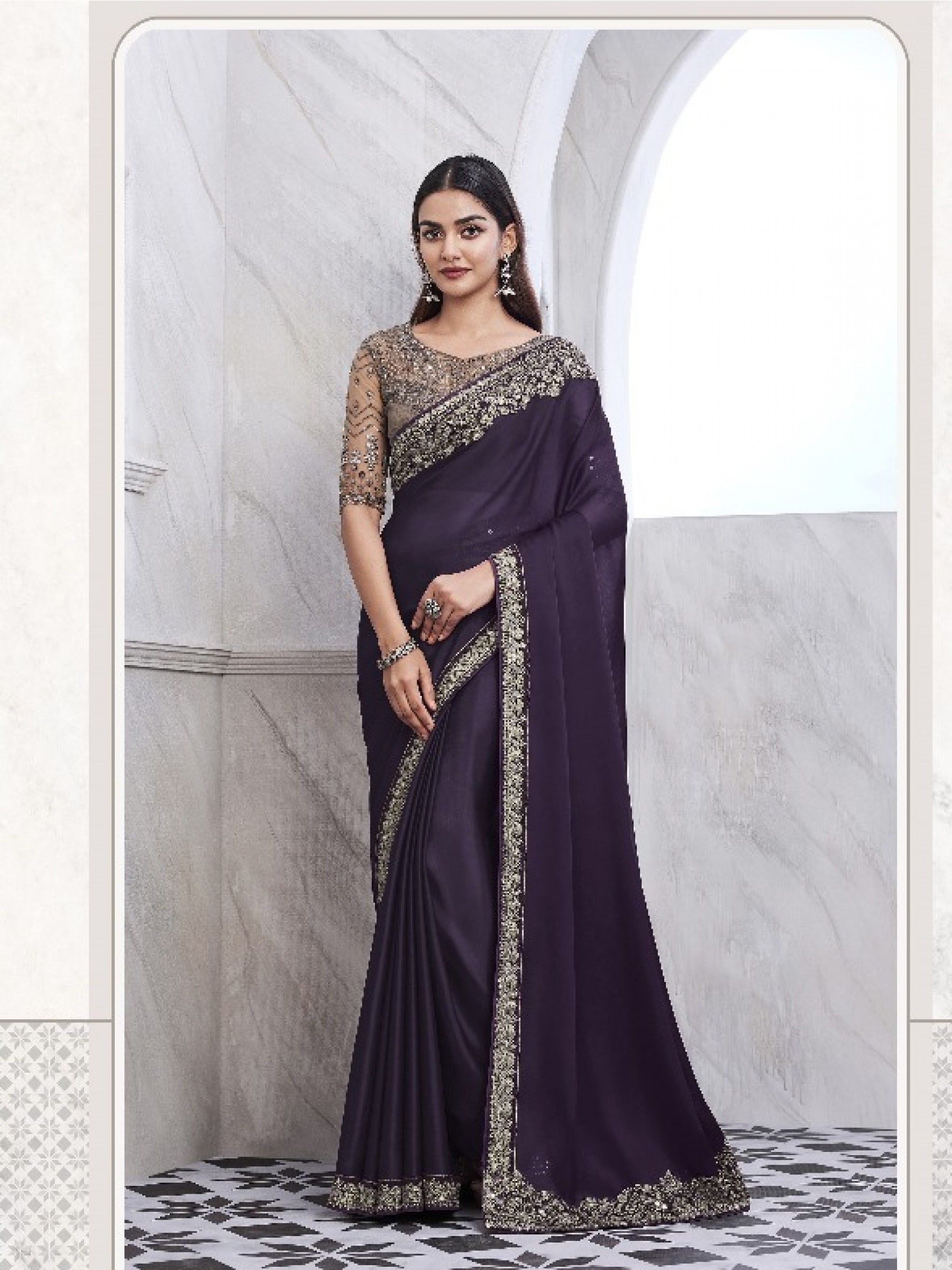 Chiffon  Party wear Saree Grey Color With Embroidery Work