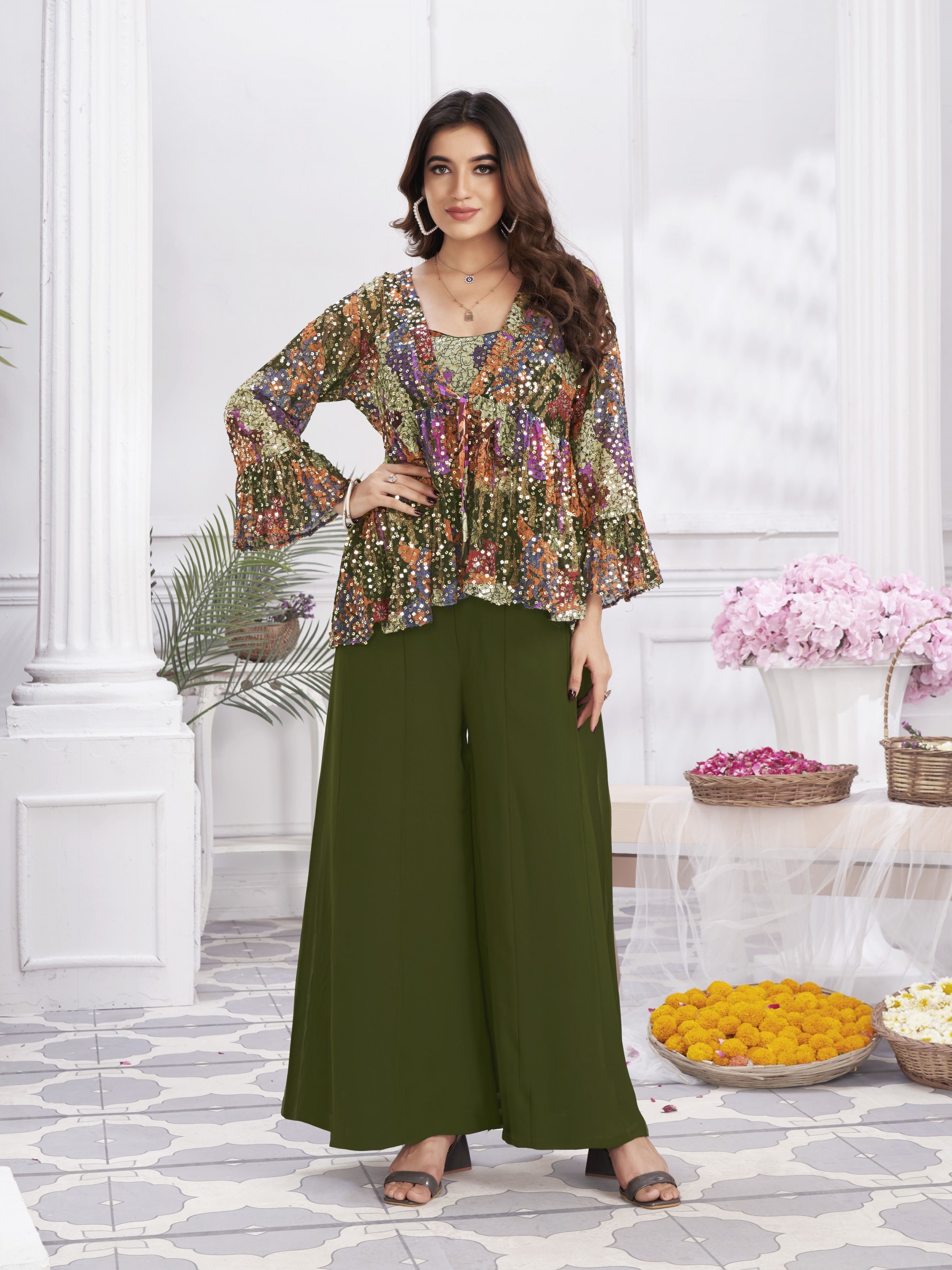 Georgette Party Wear Sharara Green Color with Embroidery Work