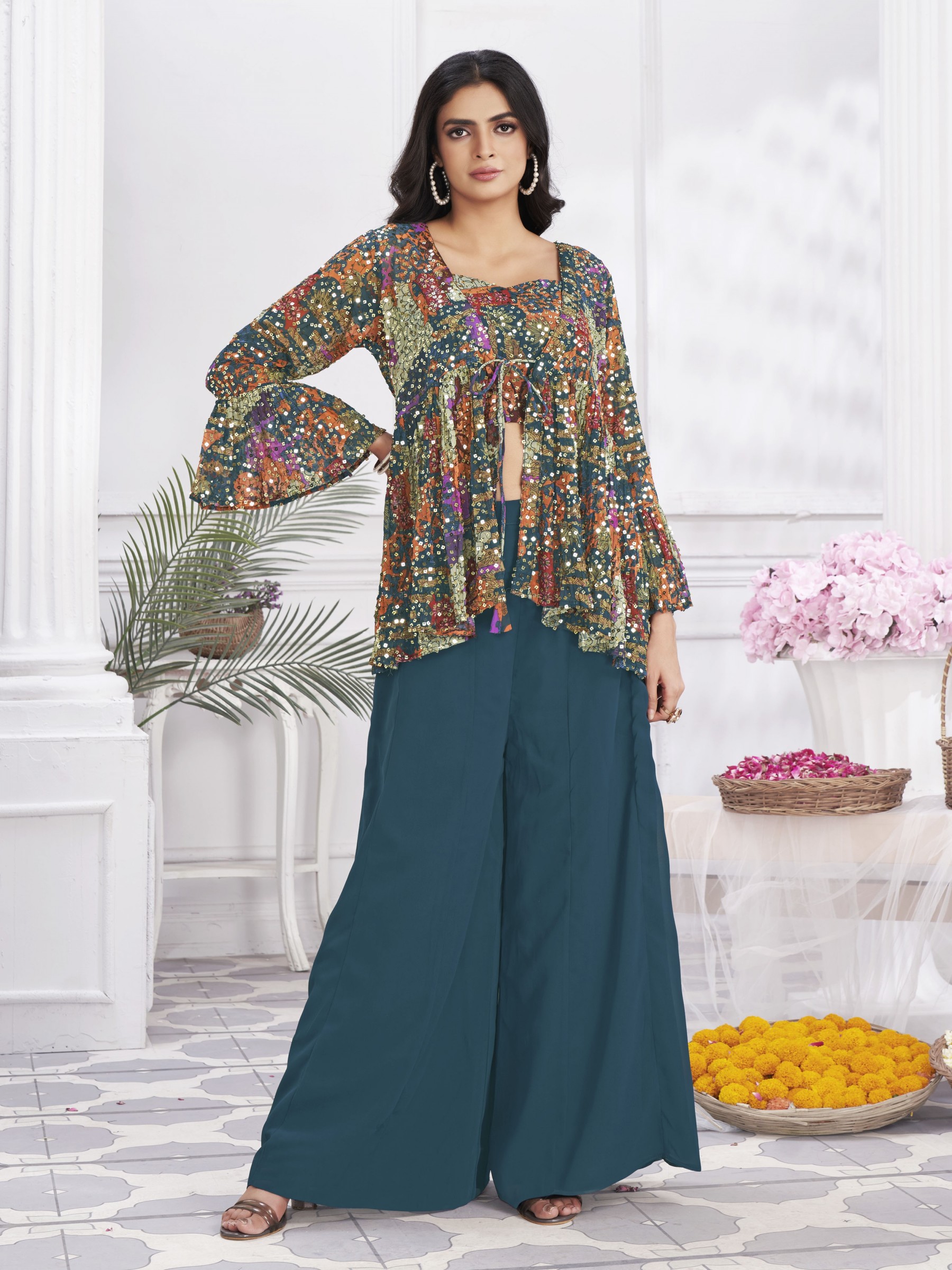 Georgette Party Wear Sharara Blue Color with Embroidery Work