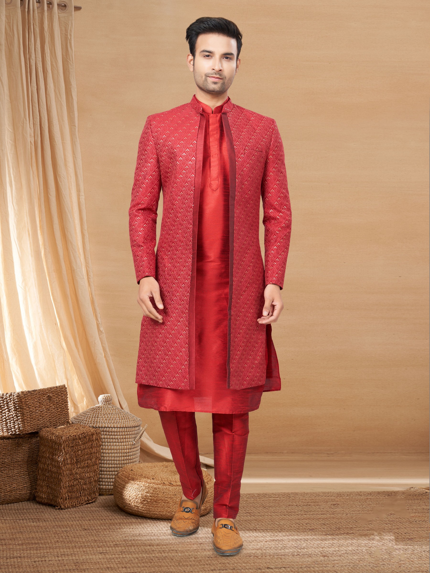 Pure Art Silk IndoWestern Ready Made Dress in Maroon Color with Embroidery work 