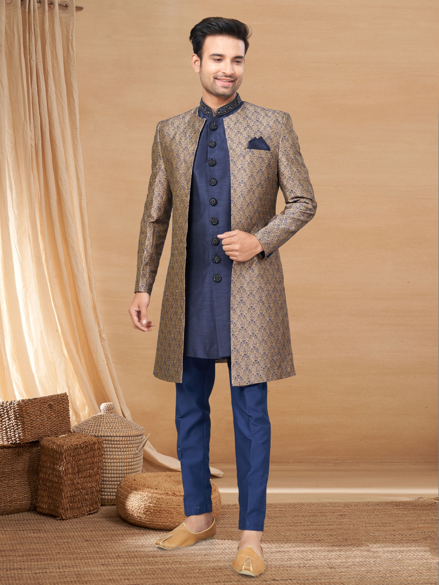 Pure Art Silk IndoWestern Ready Made Dress in Navy Blue Color with Embroidery work 