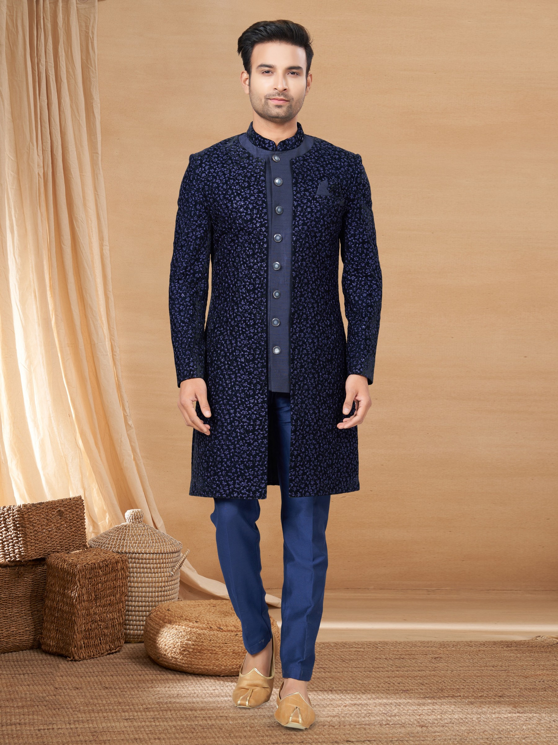 Pure Art Silk IndoWestern Ready Made Dress in Navy Blue Color with Embroidery work 