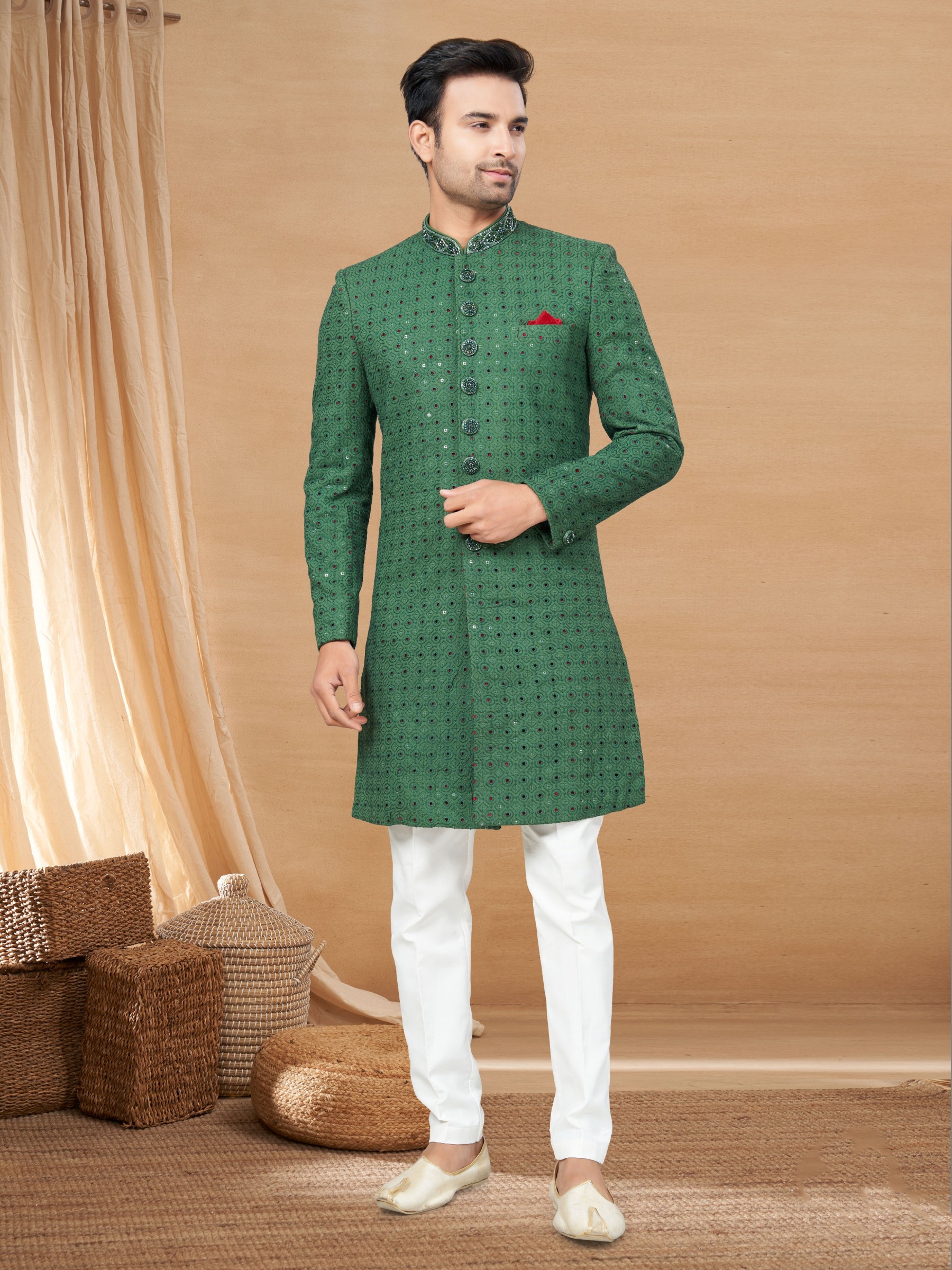 Lucknowi IndoWestern Ready Made Dress in Green Color with Embroidery work 