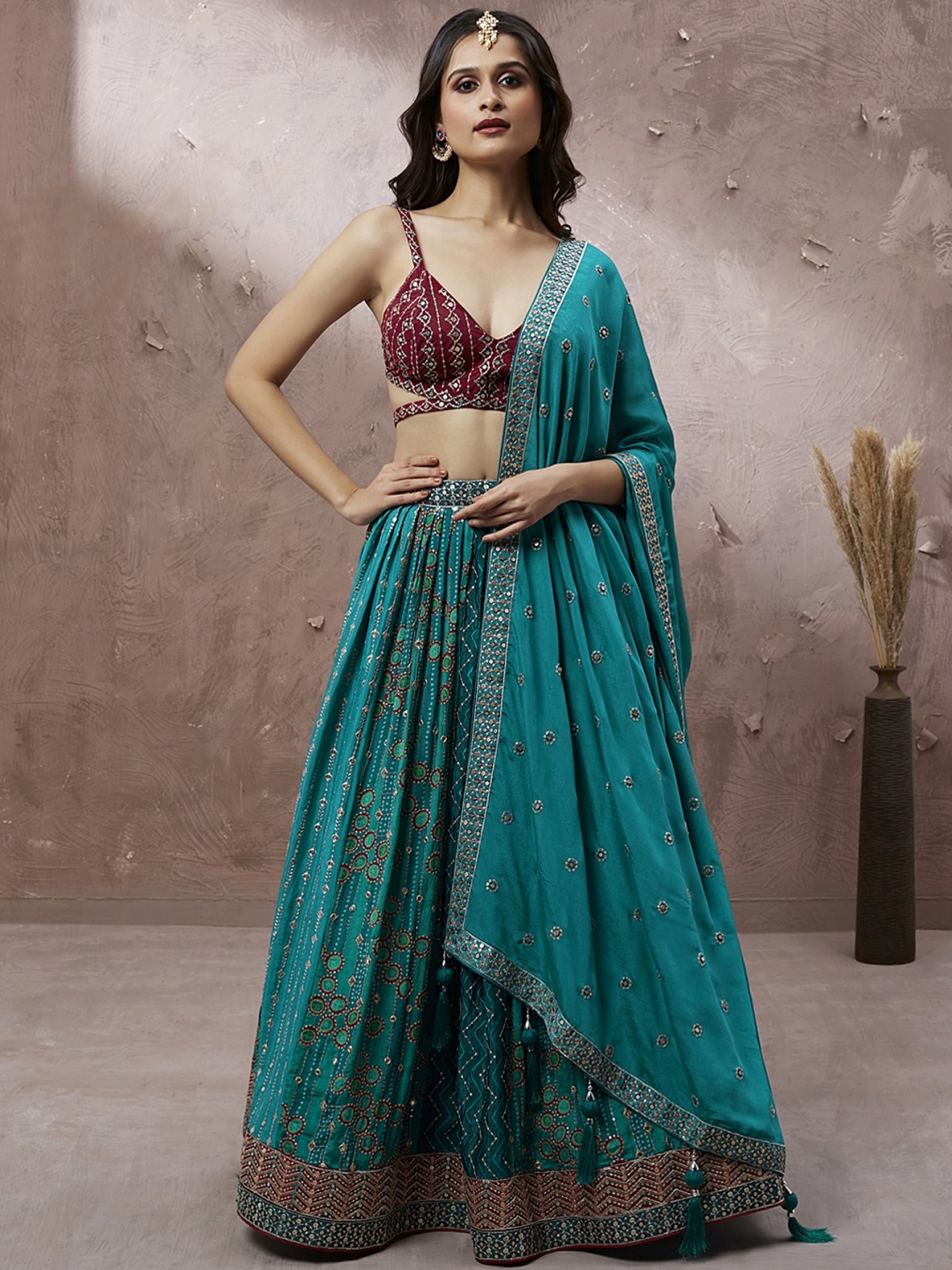 Pure Georgette Party Wear Lehenga In Teal Color With Embroidery Work 