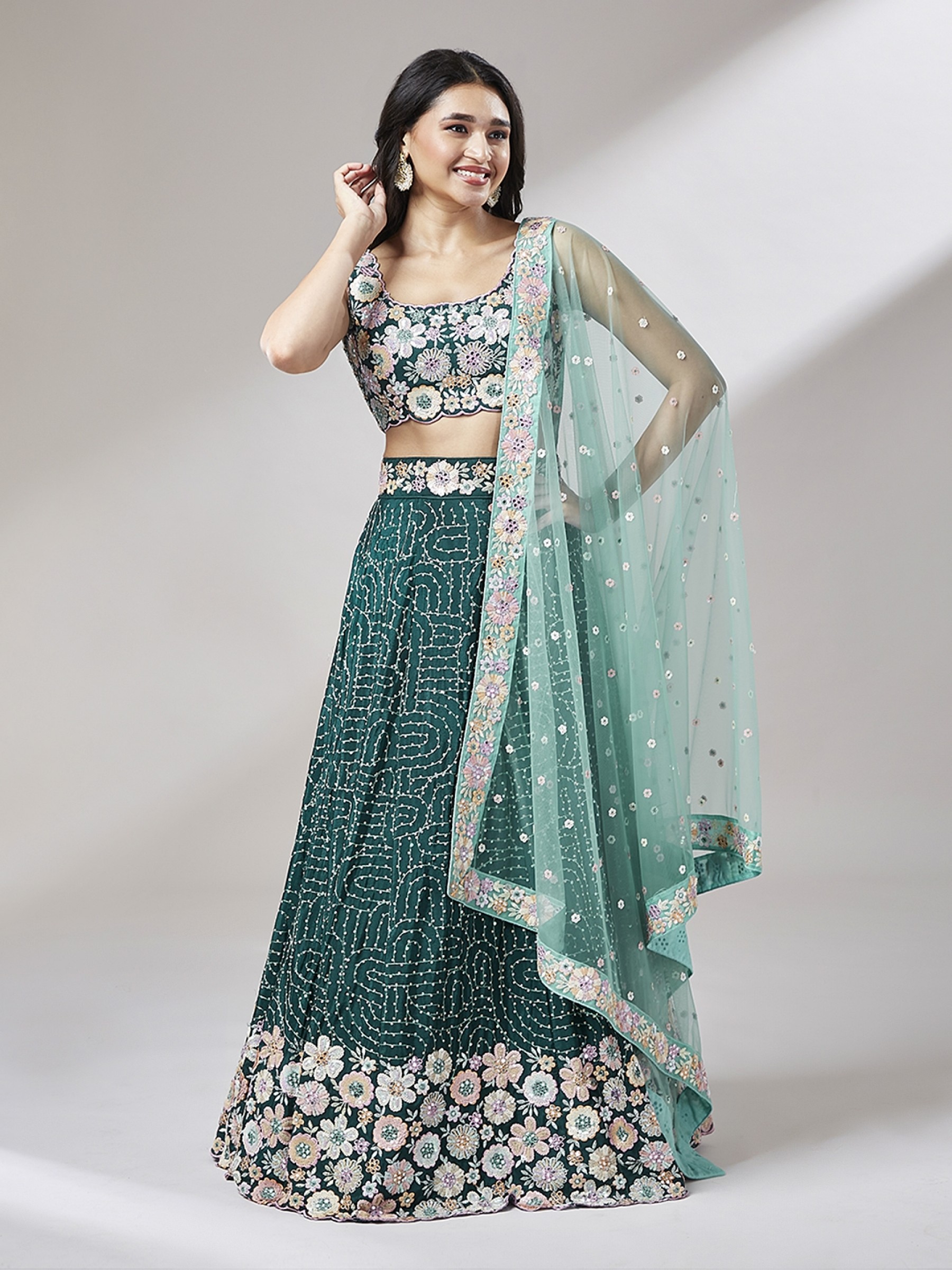 Pure Georgette Party Wear Wear Lehenga In Teal Color With Embroidery Work 