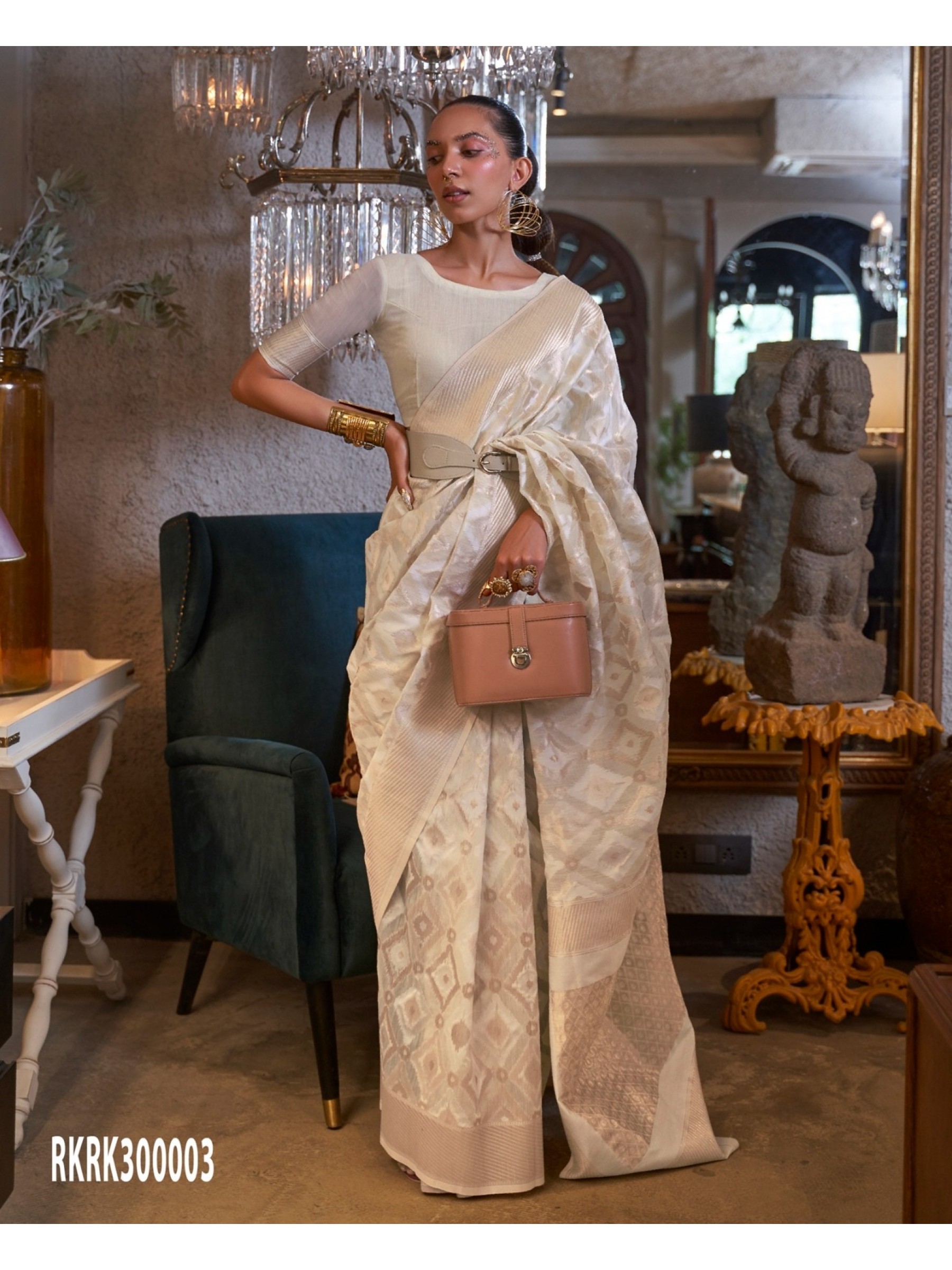 Linen Party Wear Saree In Off White Color 