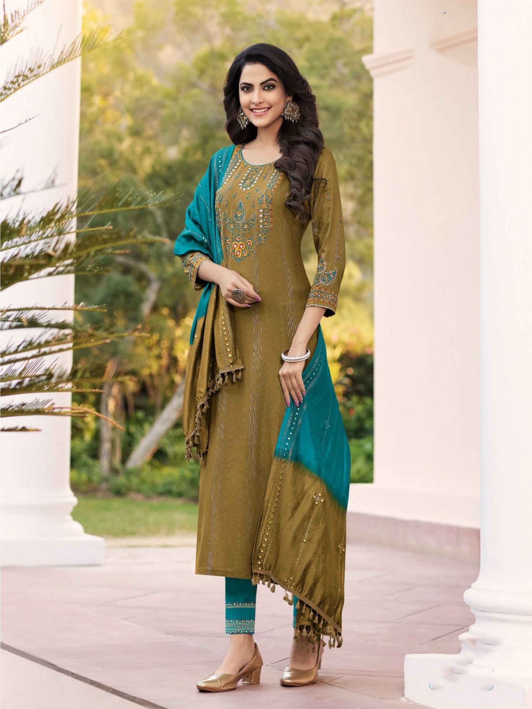 Pure Rayon Viscose Lurex Casual Wear Suit in Brown & Blue Color With Embroidery Work