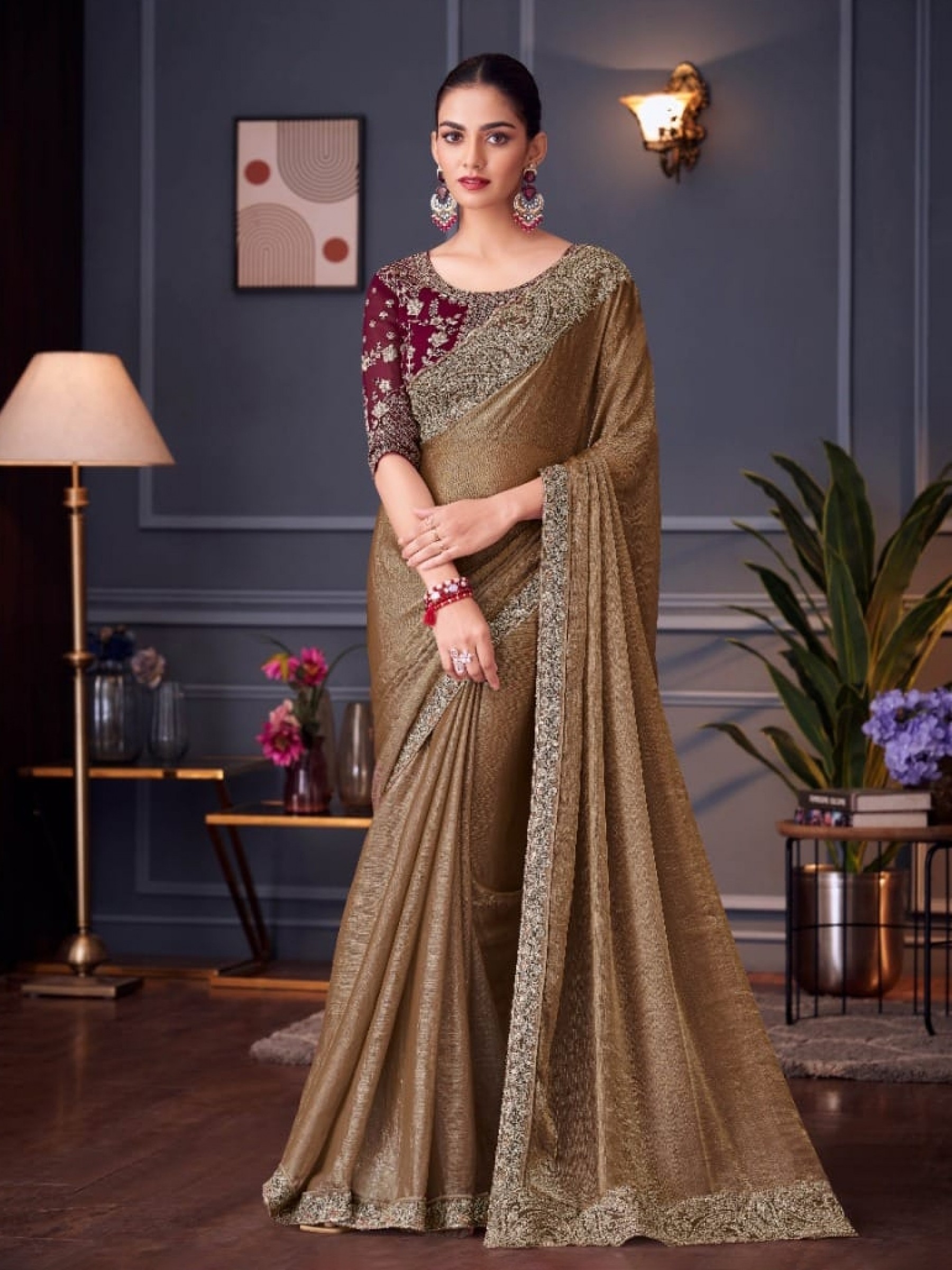 Pure Two Tone Silk Party wear Saree Golden Color With Embroidery Work