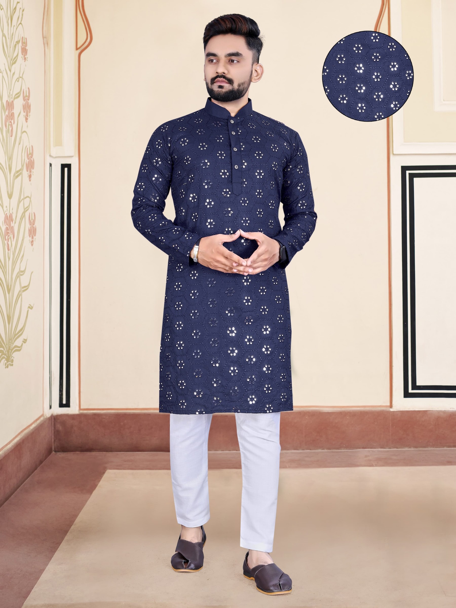 Soft Cotton Silk Readymade Kurta set in with Blue Color Embroidery Work