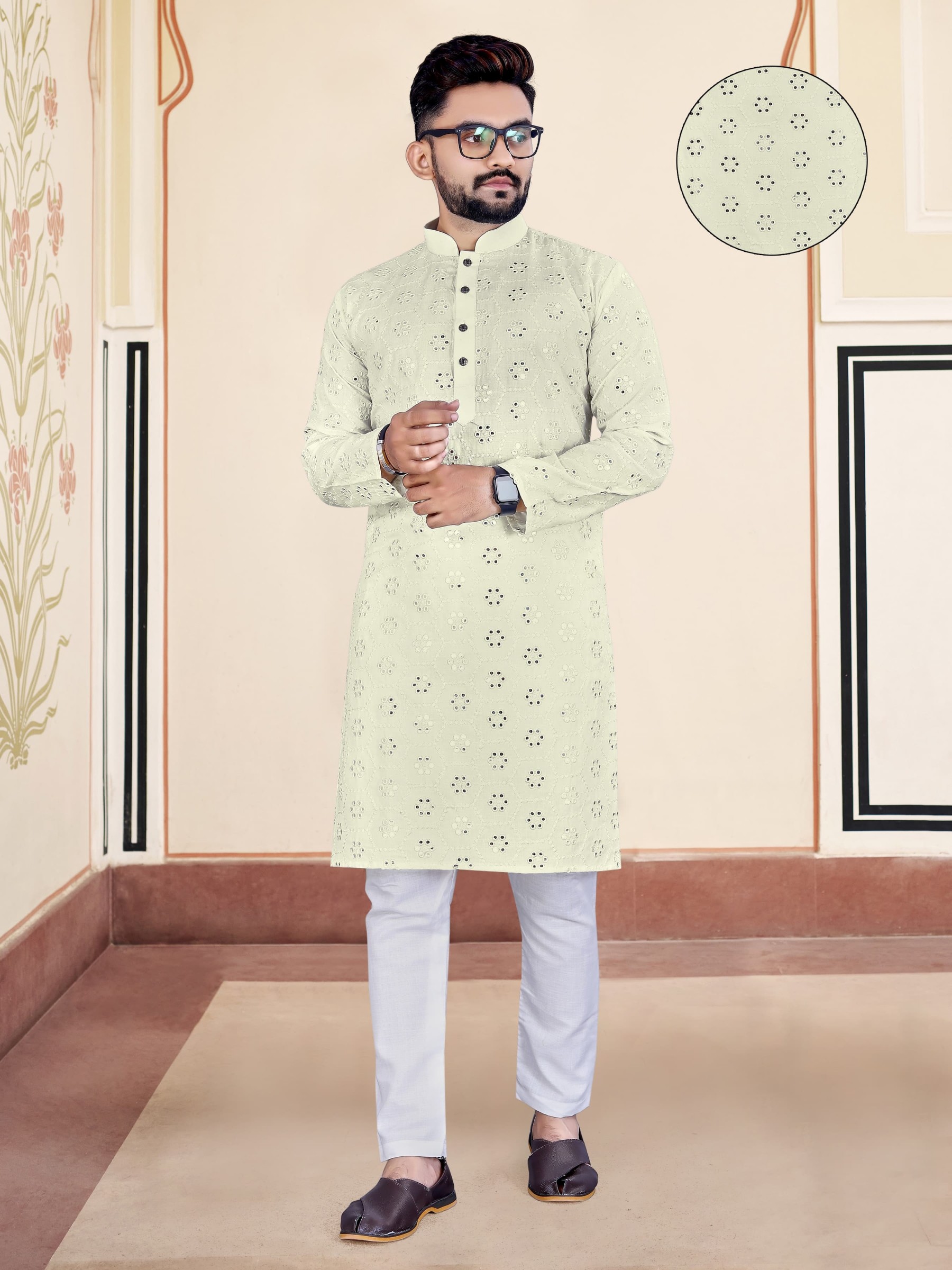Soft Cotton Silk Readymade Kurta set in with Pastel Green Color Embroidery Work