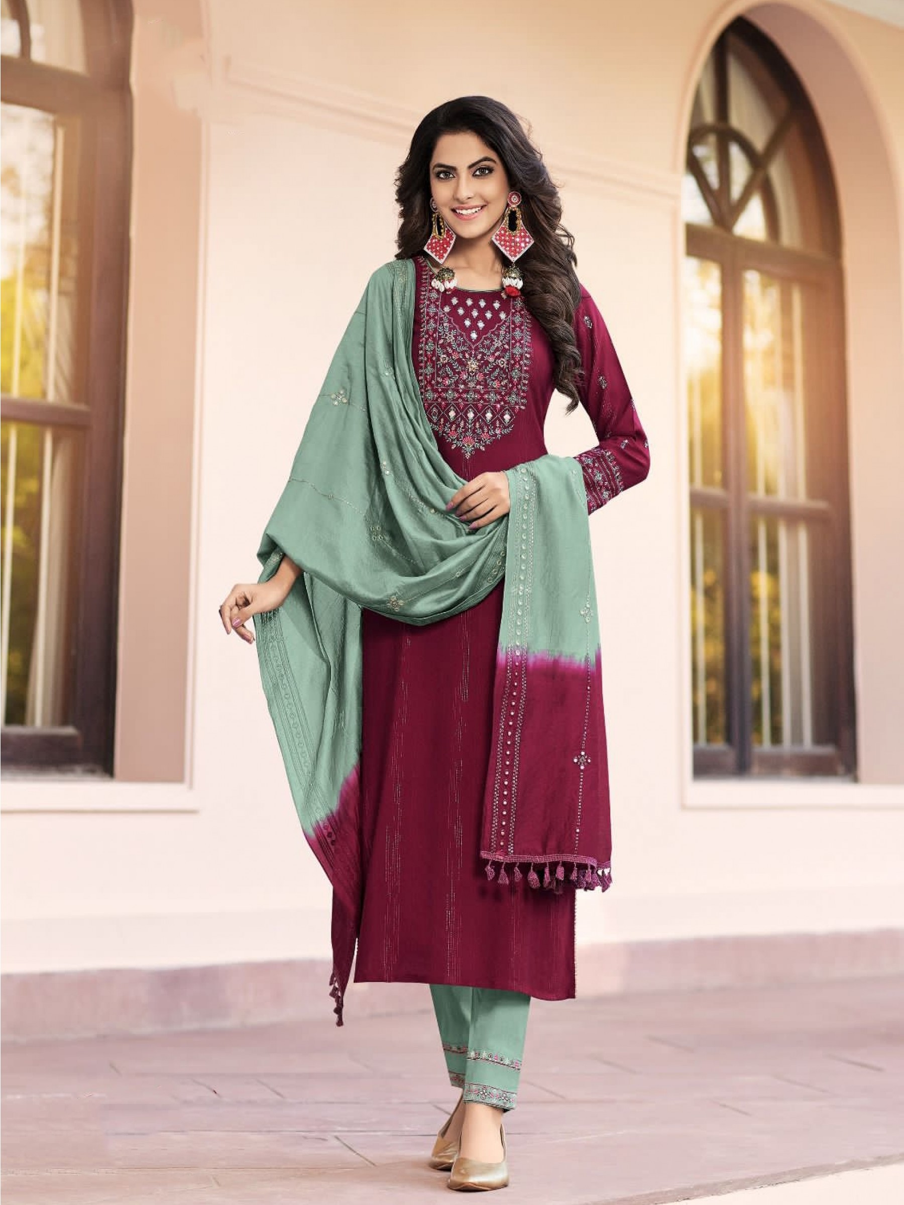 Pure Rayon Viscose Lurex Casual Wear Suit in Maroon & Turquoise Color With Embroidery Work