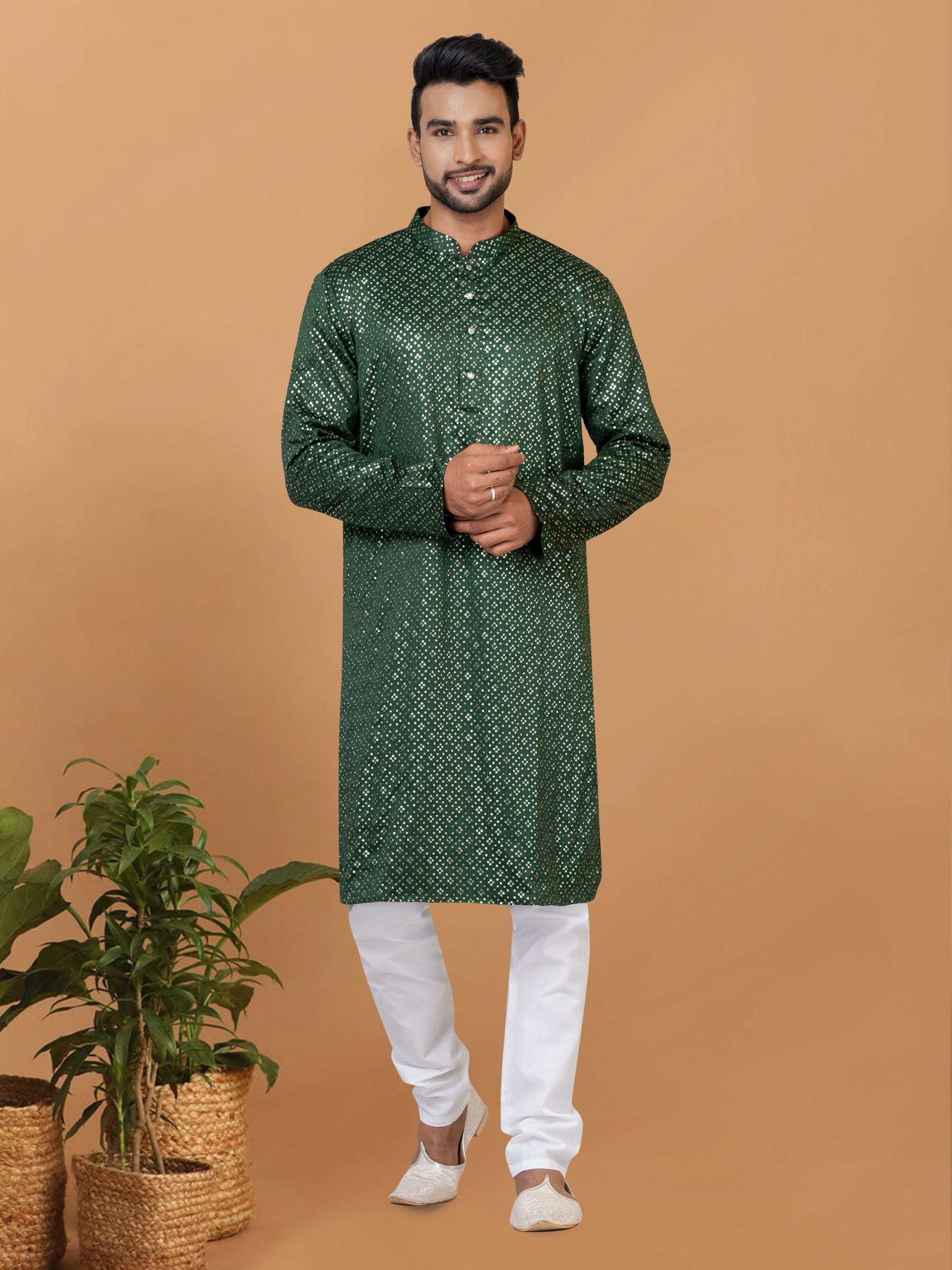 Gaji Silk Readymade Kurta set in Green color with Sequence Embroidery Work