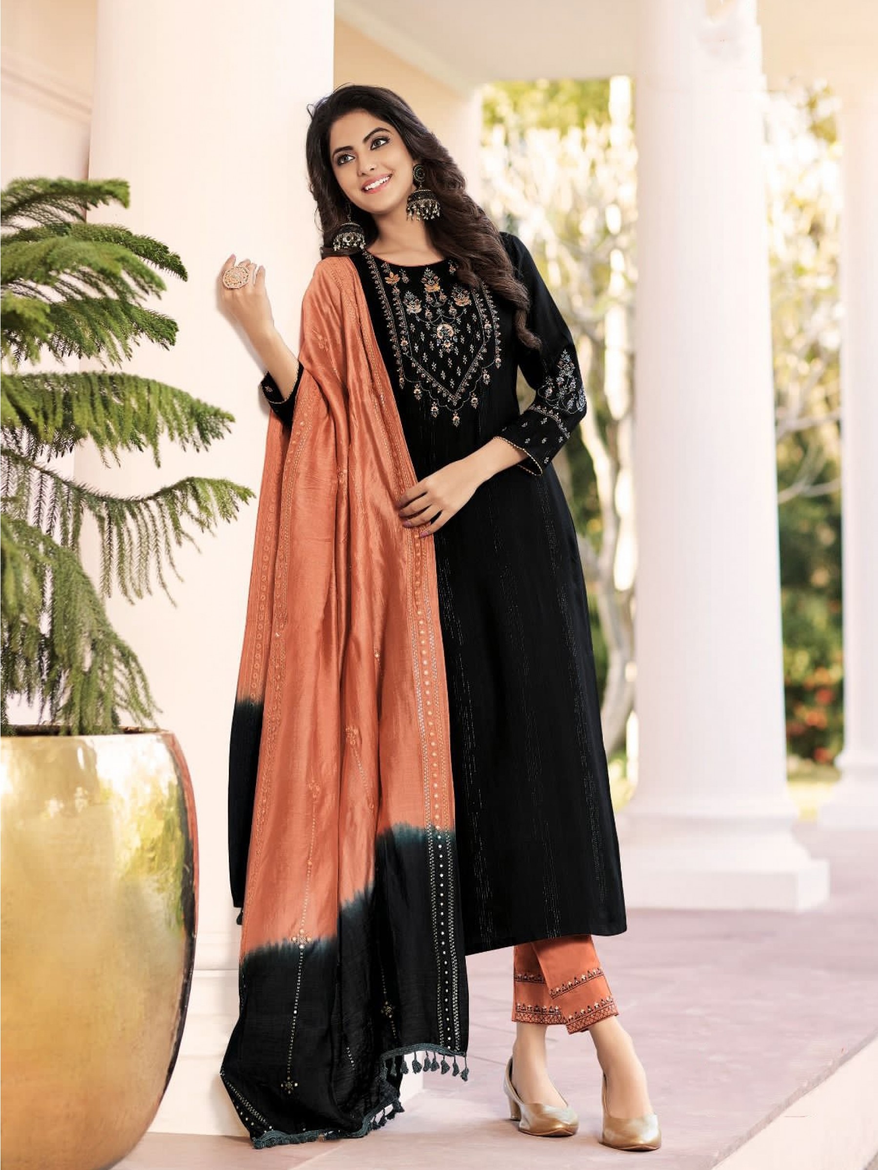 Pure Rayon Viscose Lurex Casual Wear Suit in Black & Peach Color With Embroidery Work