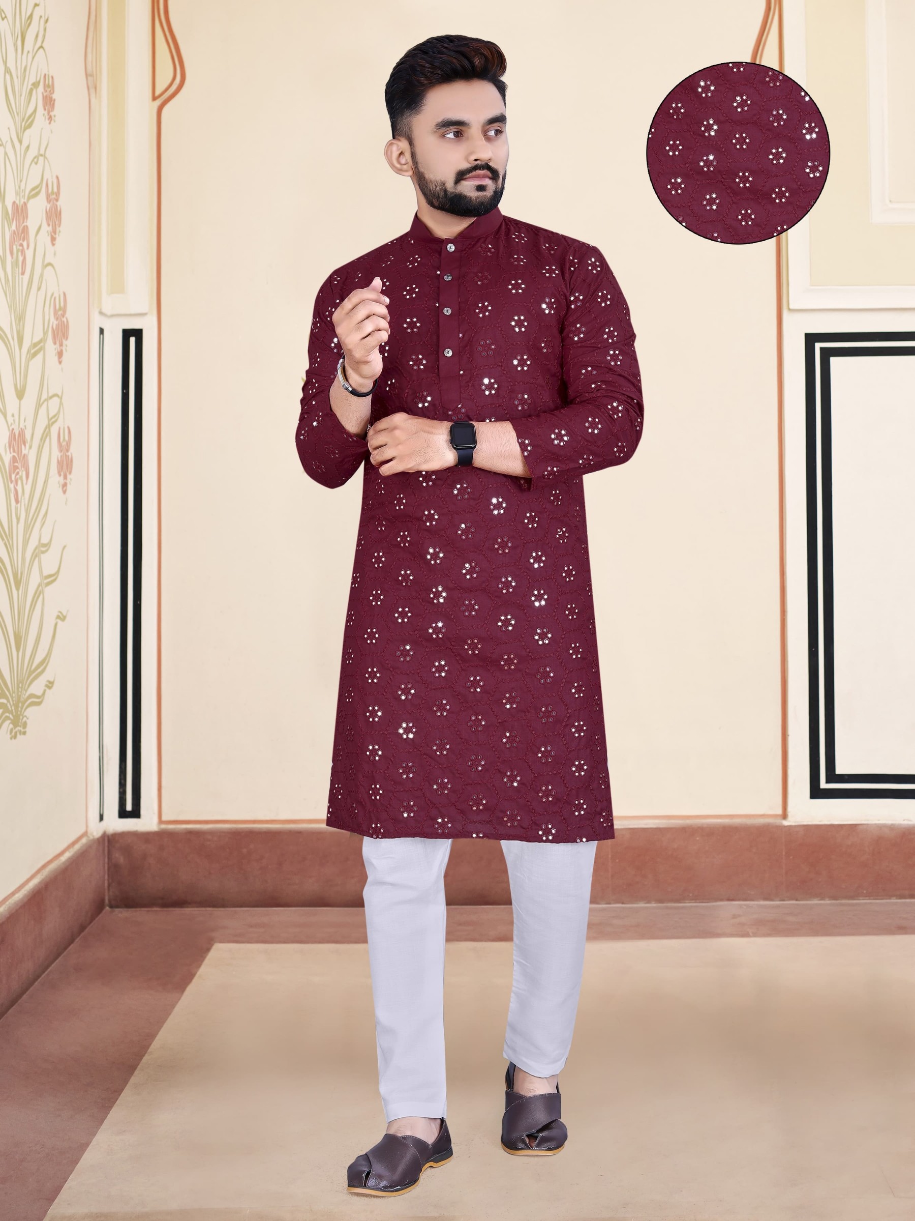 Soft Cotton Silk Readymade Kurta set in with Maroon Color Embroidery Work