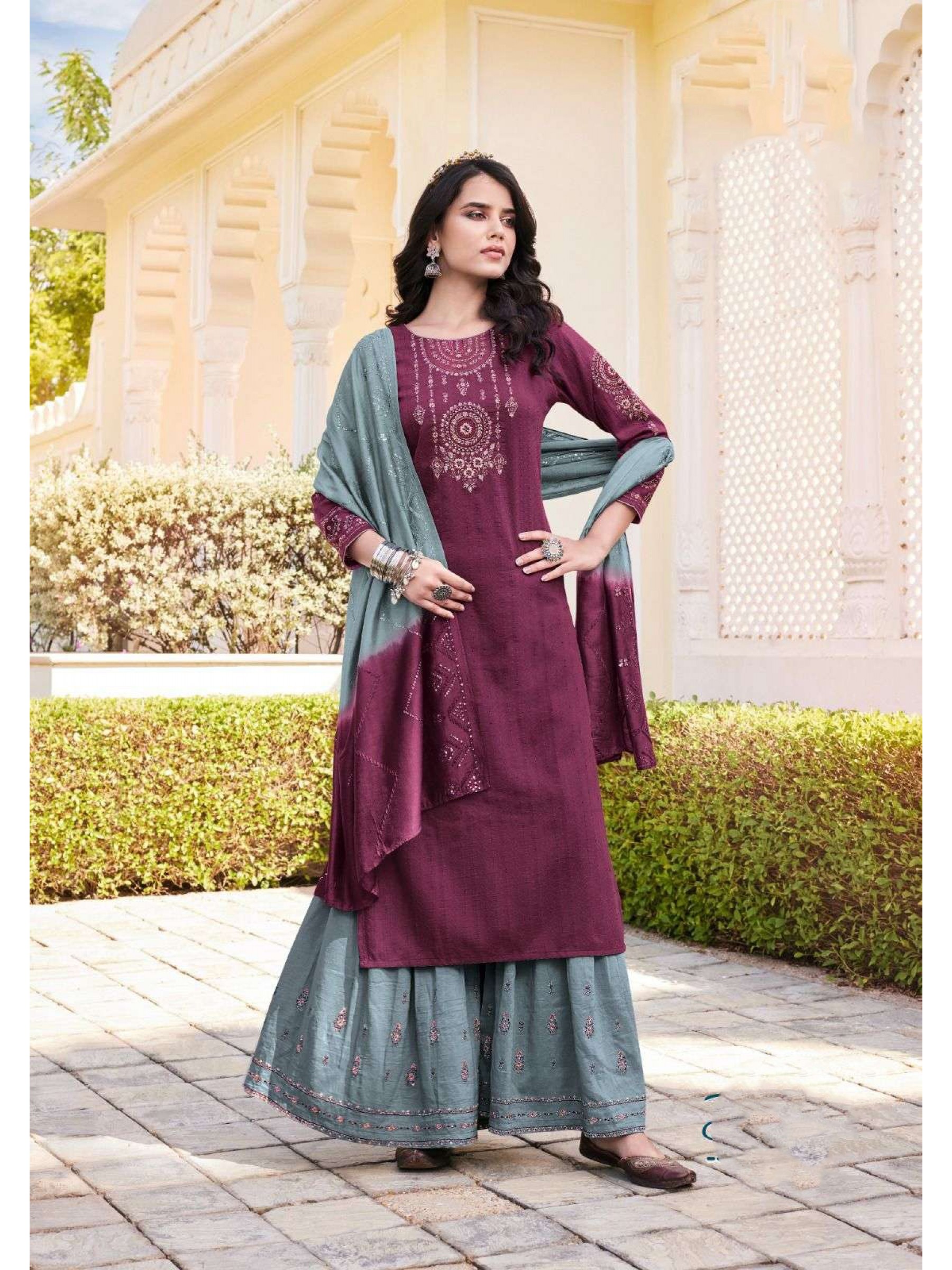 Chinon Caasual Wear Sharara in Purple & Grey  Color with  Embroidery Work