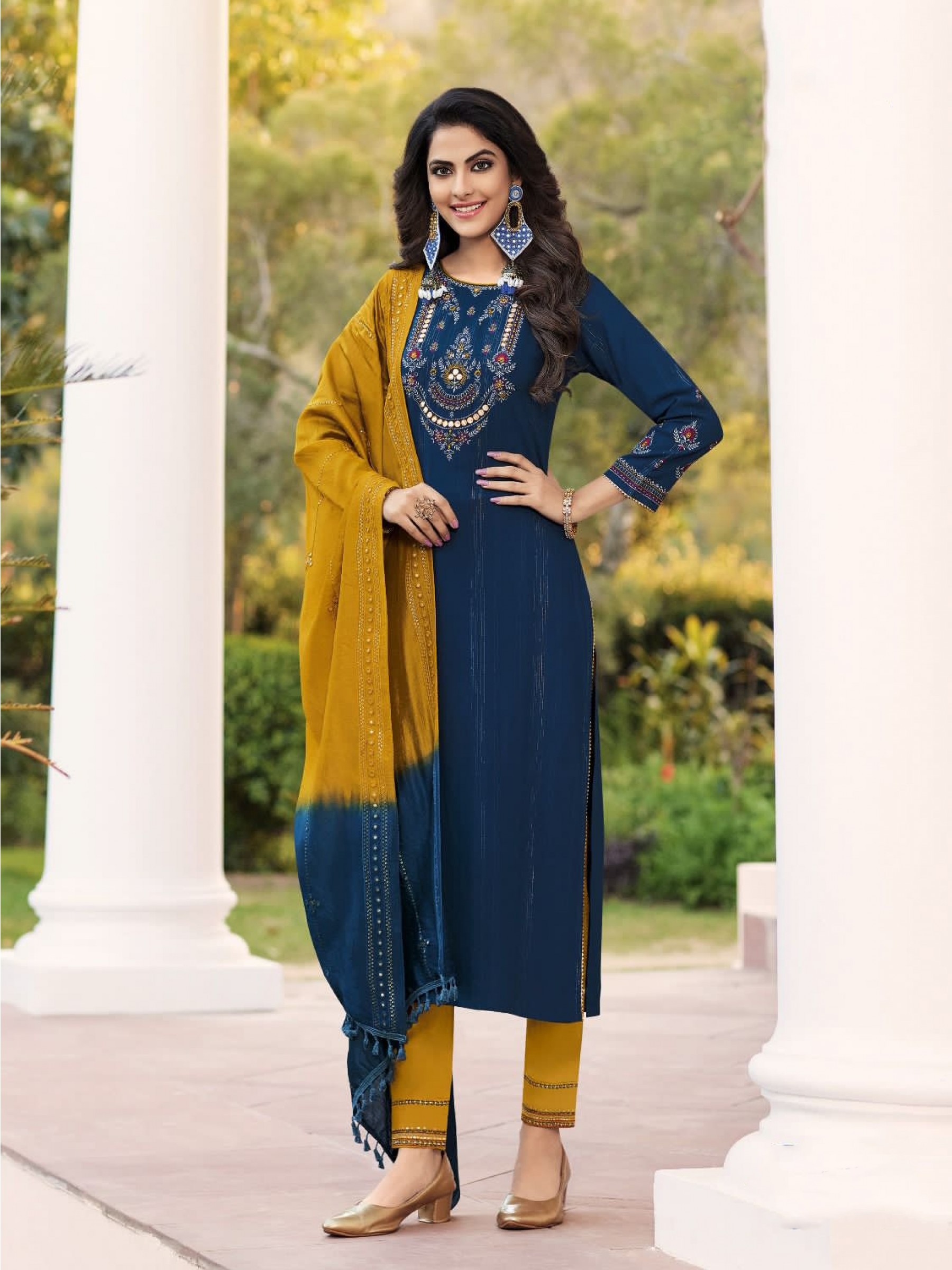Pure Rayon Viscose Lurex Casual Wear Suit in Teal Blue & Yellow  Color With Embroidery Work