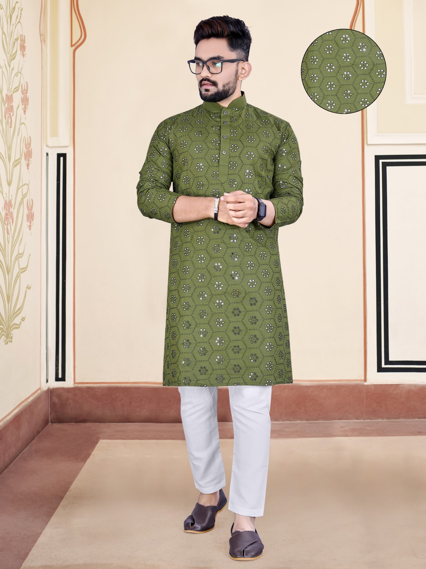 Soft Cotton Silk Readymade Kurta set in with Green Color Embroidery Work